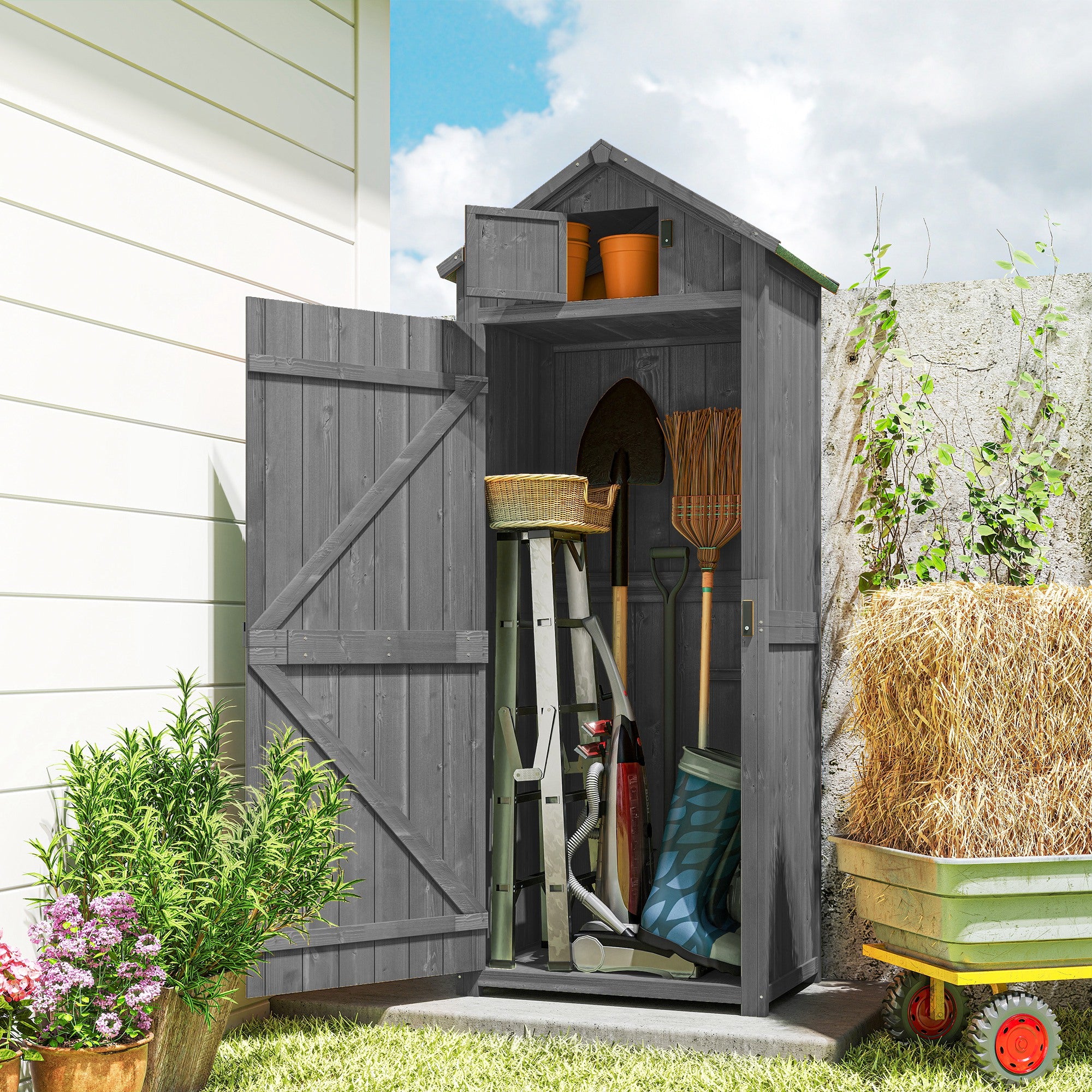 30" x 21" x 71" Garden Storage Shed, Sheds & Outdoor Storage Outdoor Workshop Yard Tool Utility Storage House Water-resistant All-weather Cover Spire Roof with 3 Tiers Shelves Grey