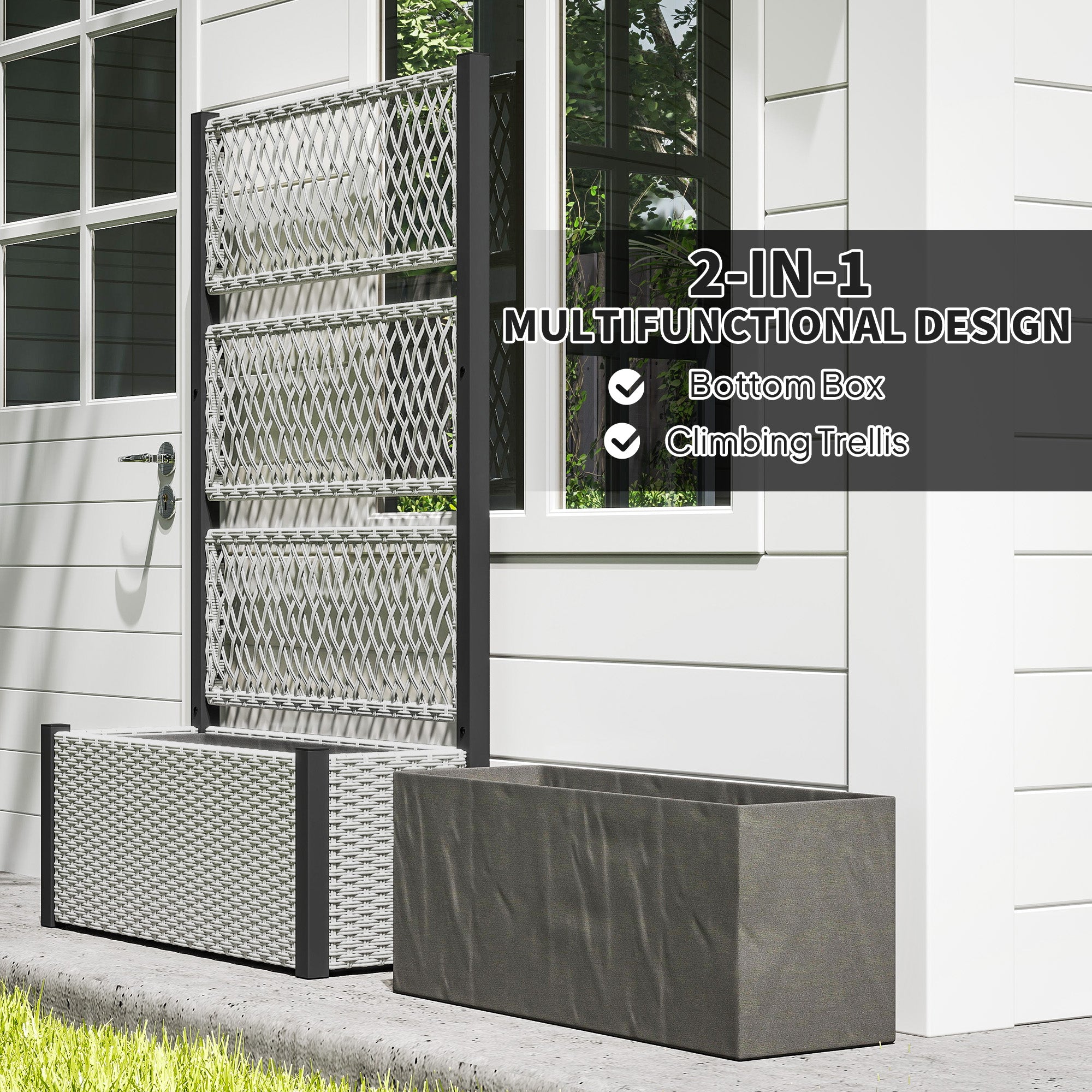 Wicker Outdoor Planter with Trellis, 58" Standing Garden Bed with Liner, Drainage Holes for Climbing Plants, Mixed Grey