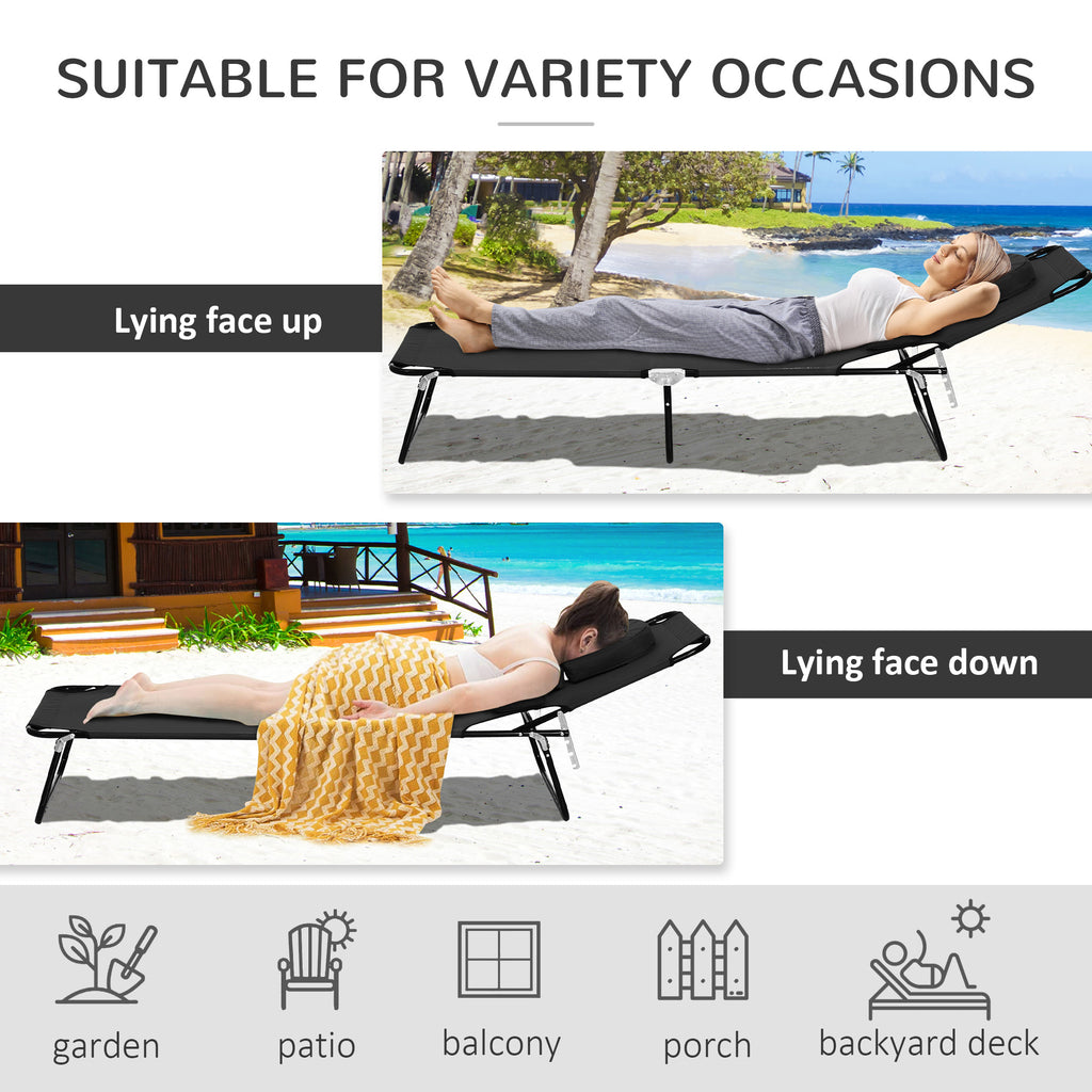 Adjustable Outdoor Lounge Chair, Garden Folding Chaise Lounge with Face Hole Reclining Tanning Chair Seat, Folding Camping Beach Lounging Bed w/ Support Pillow, Black