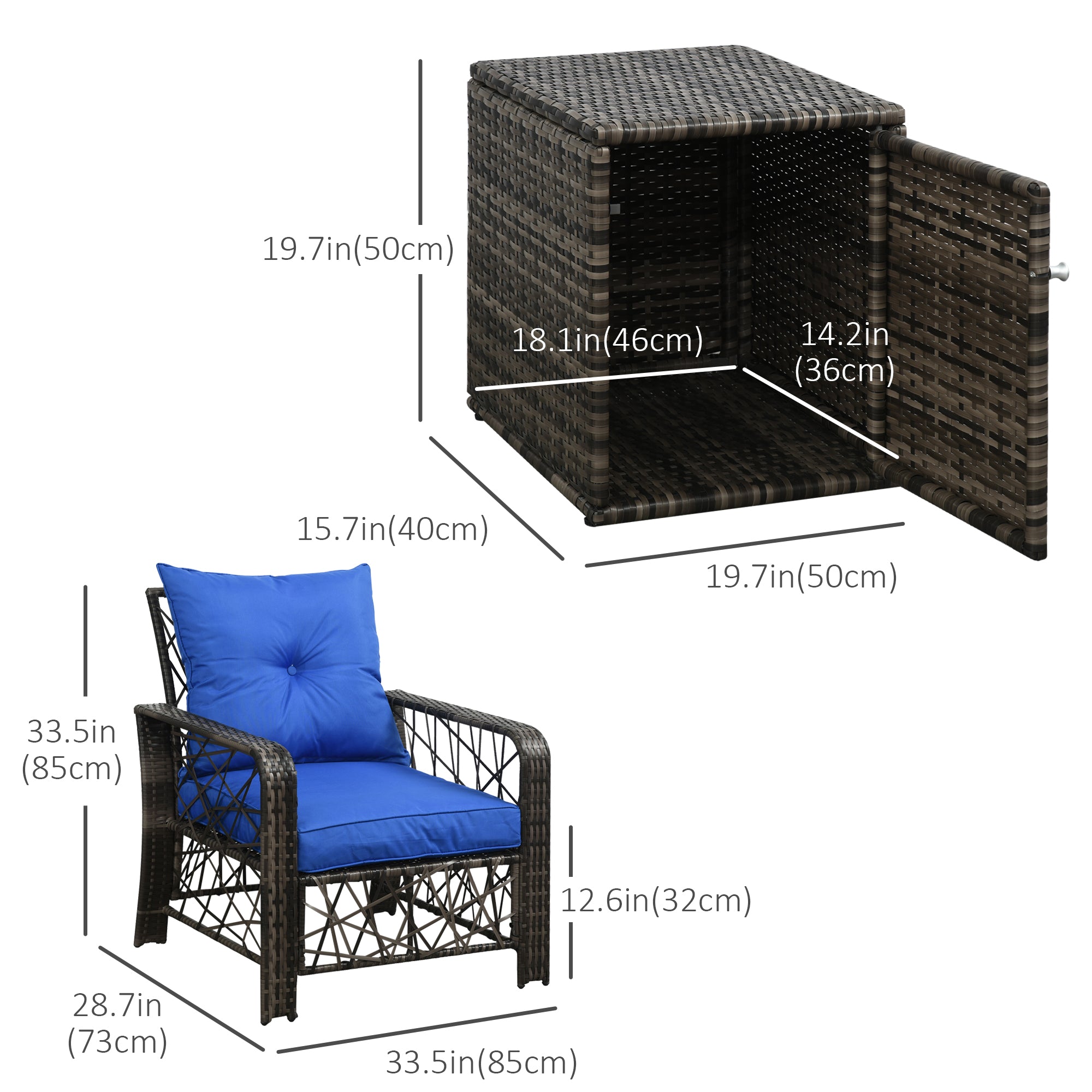 3 Pieces Wicker Patio Furniture Set, Rattan Bistro Set with Storage Coffee Table and Thickened Cushions, Outdoor Conversation Set for Garden, Porch, Balcony, Blue