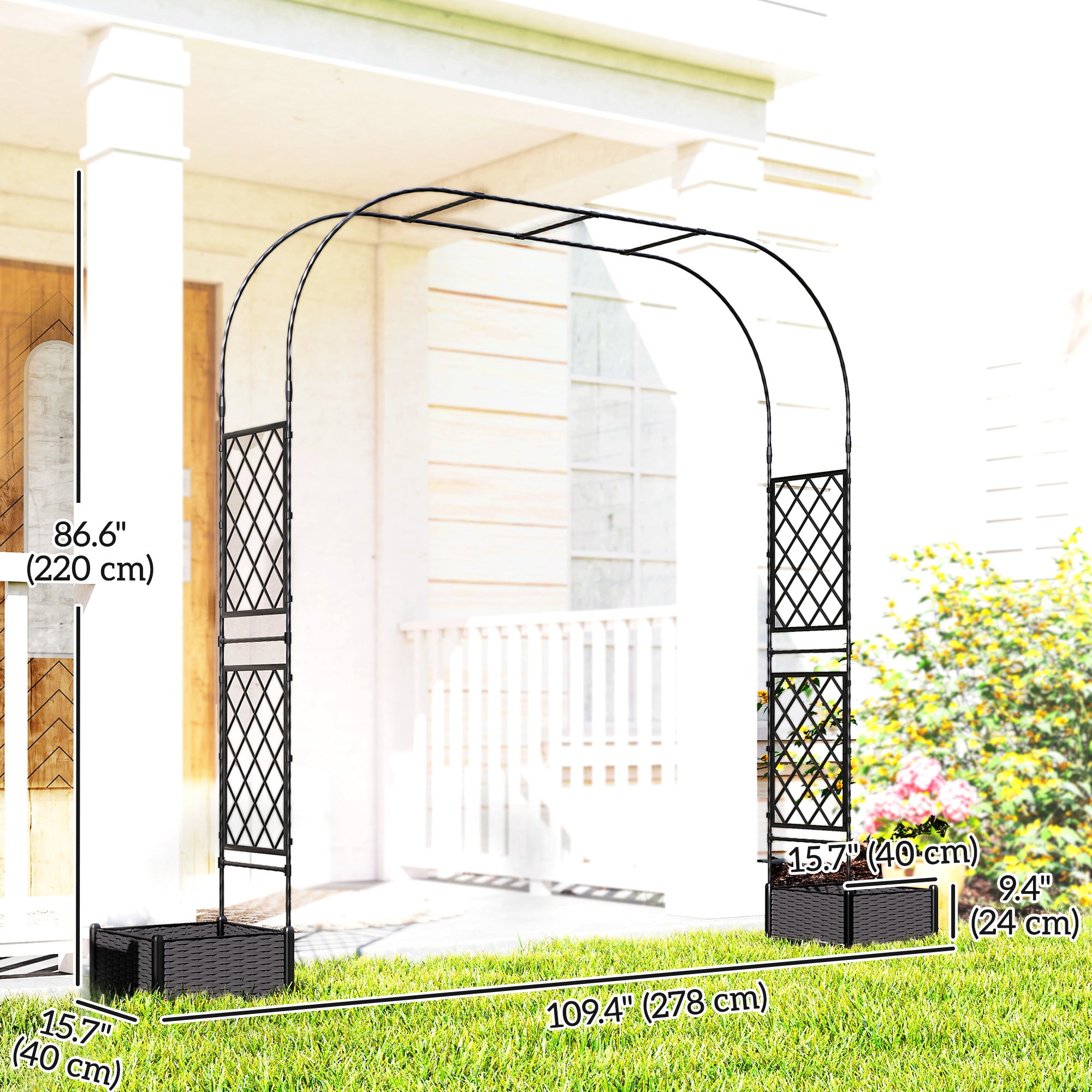 Garden Arch Outdoor Trellis Arbor with 2 Planter Boxes, 109.4" x 15.7" x 86.6", Black
