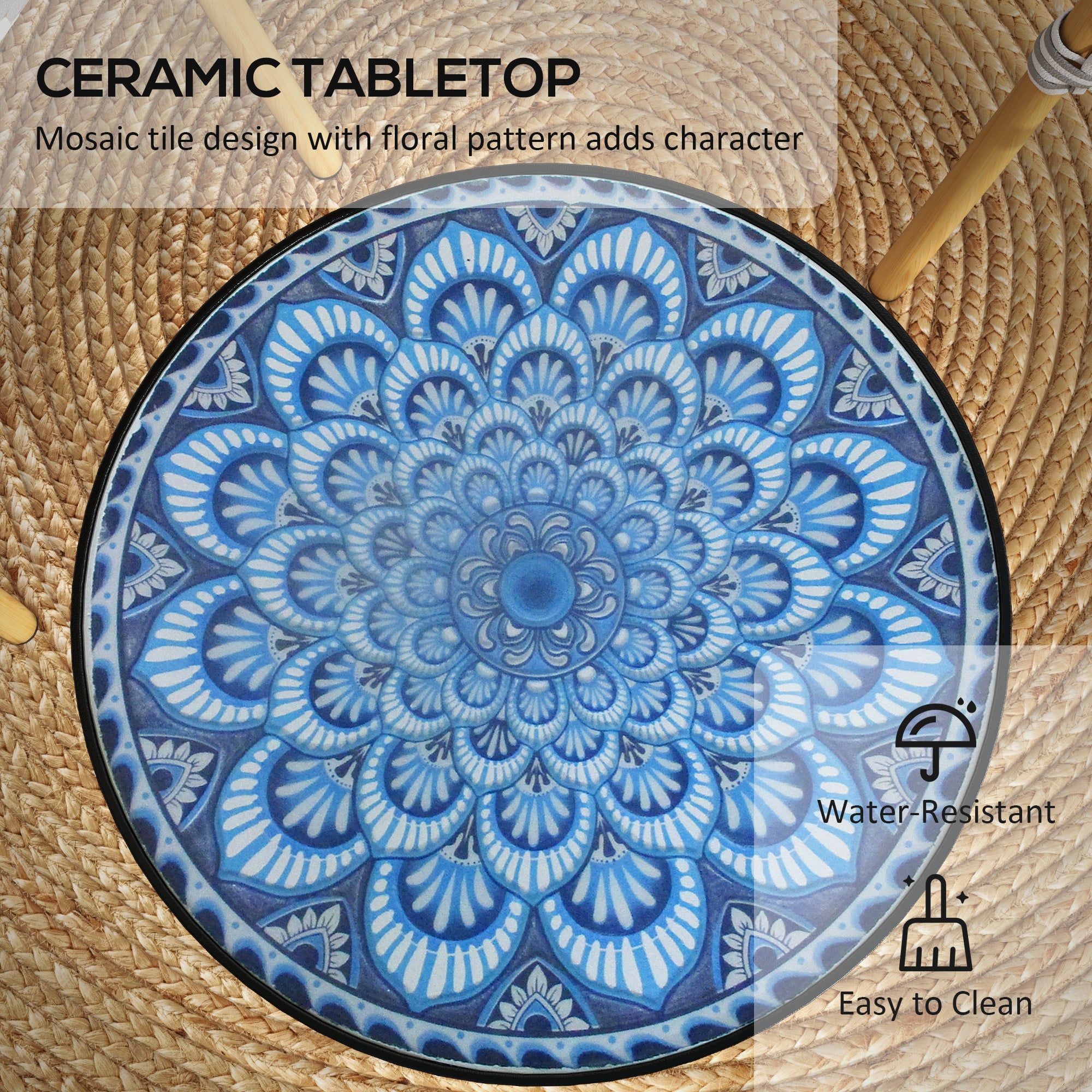 Round Outdoor Table, Patio Bistro Coffee Table with Mosaic Top and Steel Frame for Garden