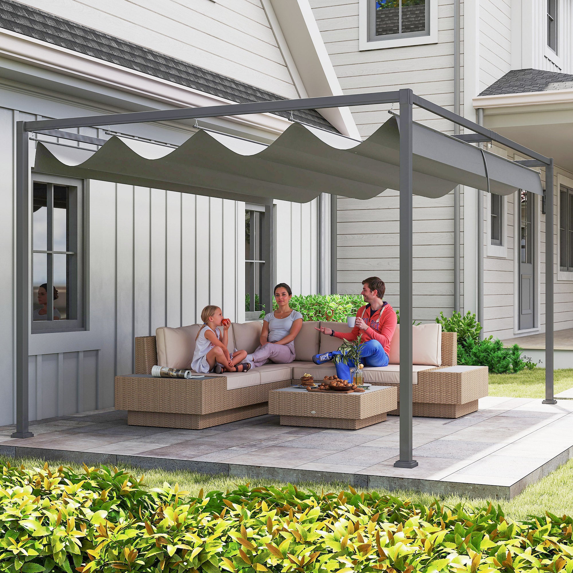 13' x 10' Patio Pergola with Retractable Canopy, Outdoor Sun Shelter, Yard Shade, Dark Grey