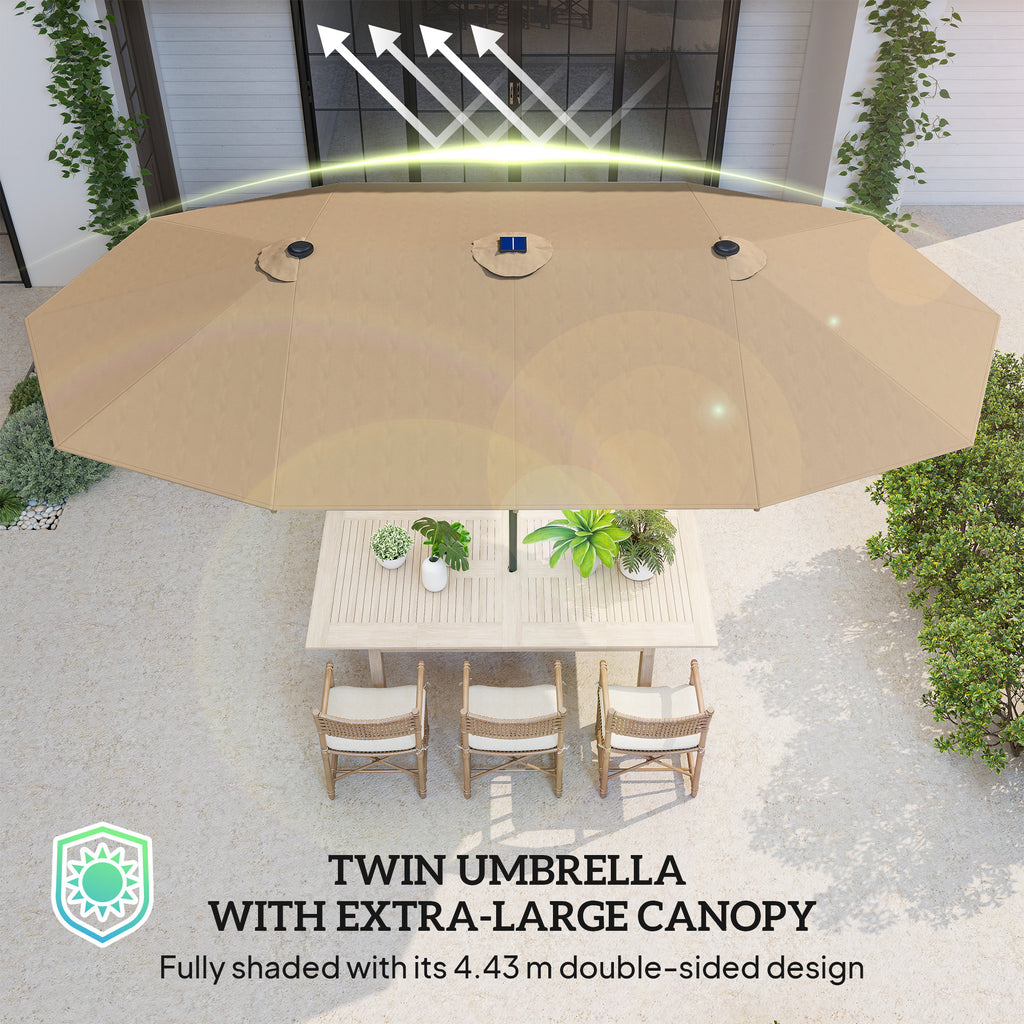 174" Double-Sided Sun Umbrella Garden Parasol Patio Sun Shade Outdoor with LED Solar Light, Khaki