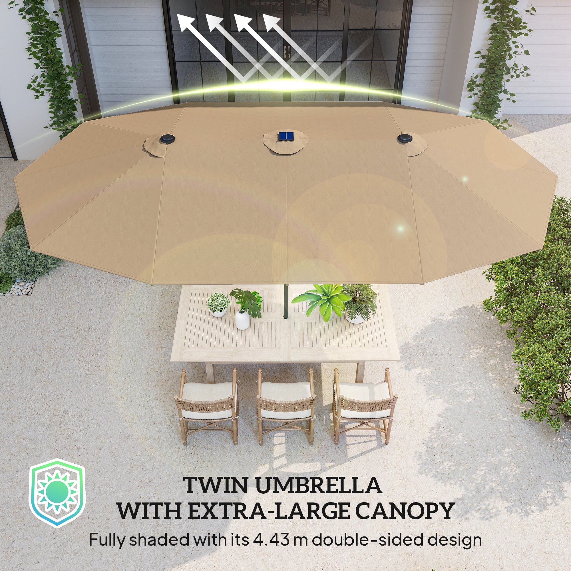 174" Double-Sided Sun Umbrella Garden Parasol Patio Sun Shade Outdoor with LED Solar Light, Khaki