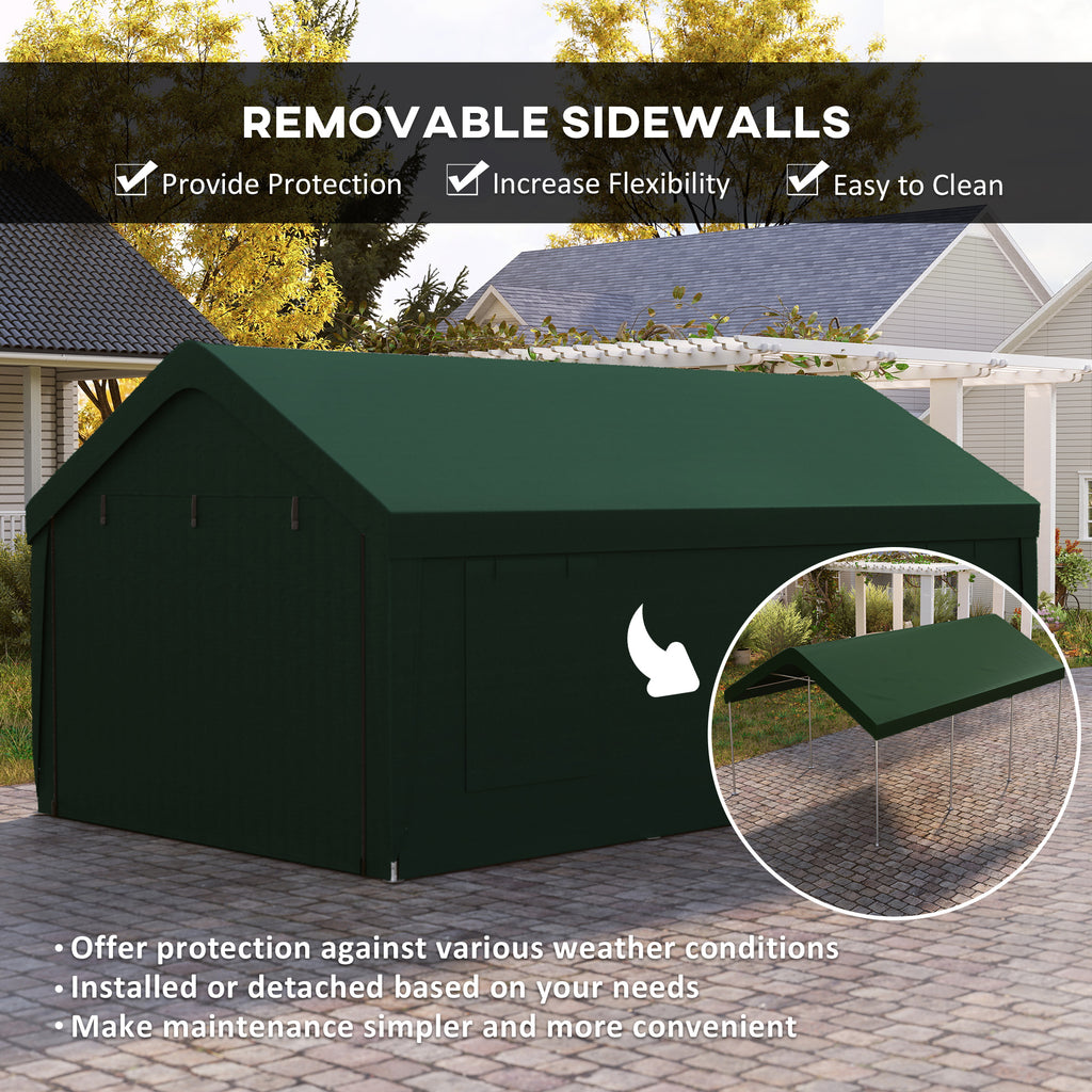 12 x 20ft Carport with 2 Roll-Up Doors, 4 Windows, Portable Garage with Removable Sidewalls for Car, Truck, Dark Green