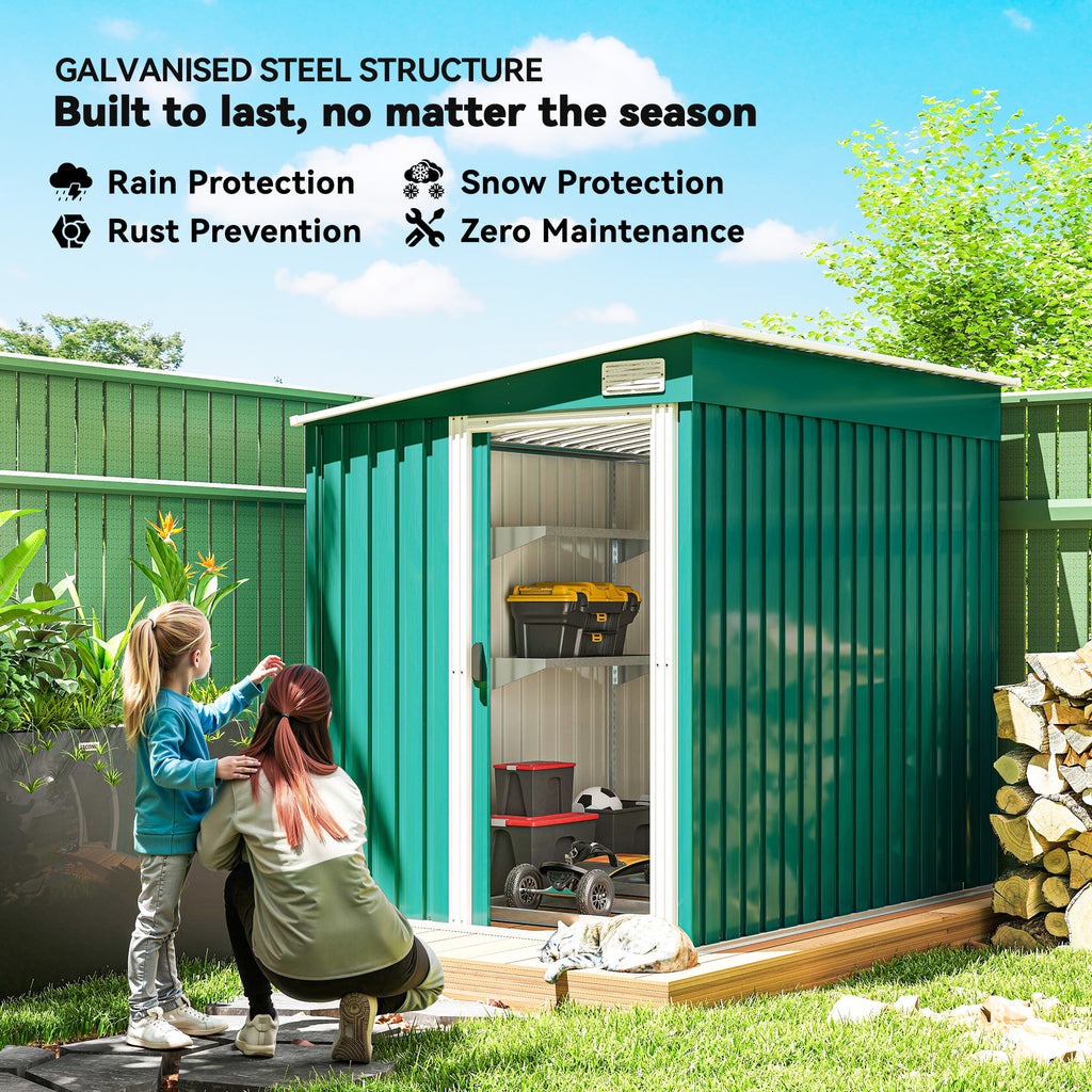5'x7' Lean-to Galvanized Metal Shed with Foundation, Garden Tool Storage House with Sliding Door and 2 Vents, Green