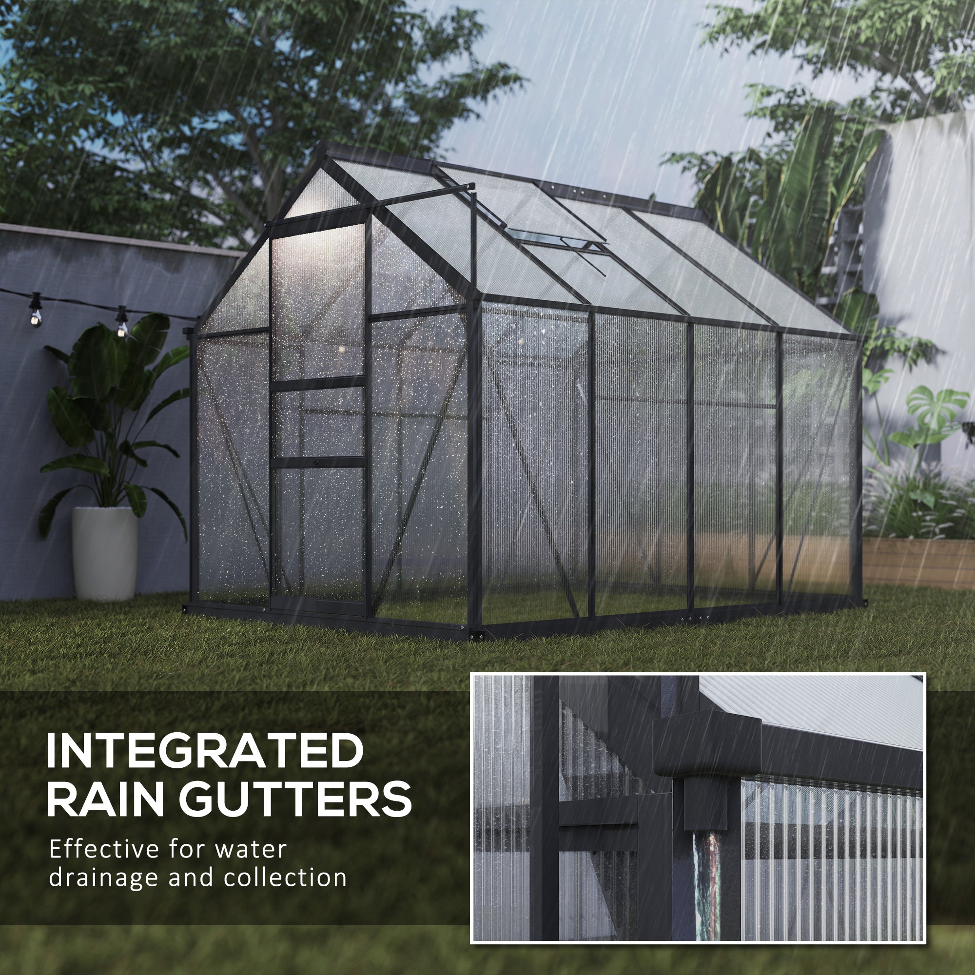 Greenhouse Kit with Rooftop vent, PC Board and Sliding Door, 6.2' x 8.3' x 6.6' Garden Greenhouse, Grey