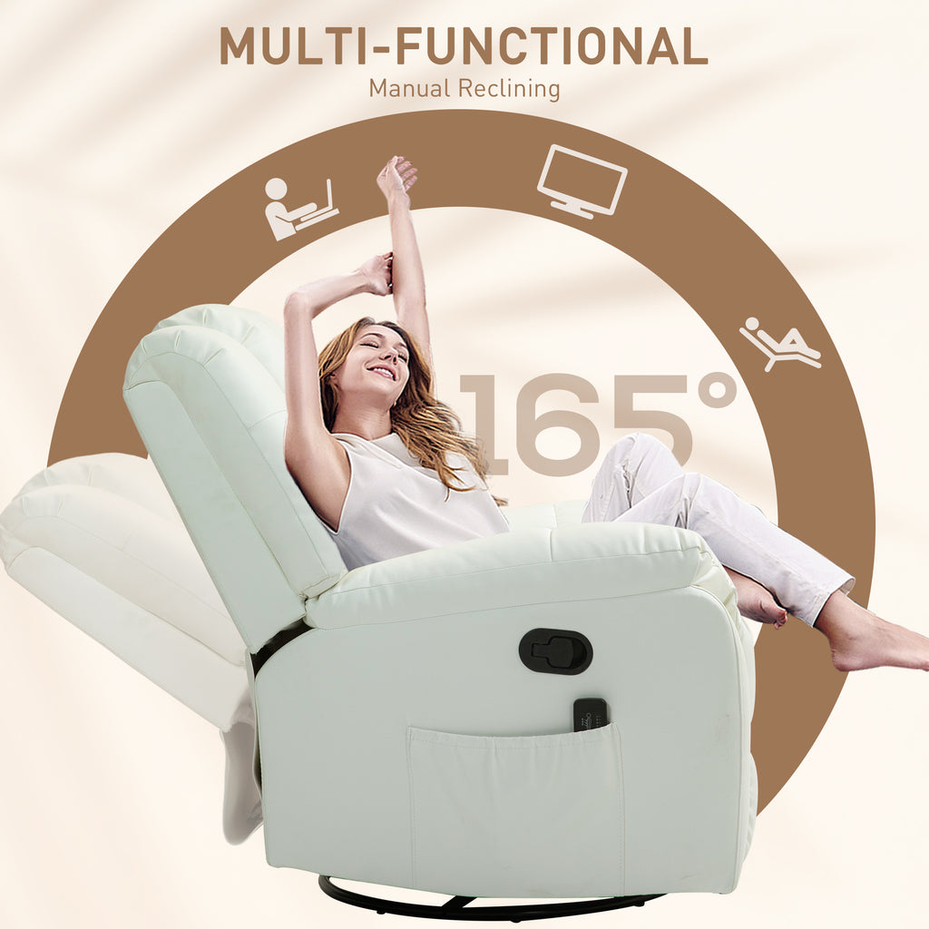 8-Point Vibration Massage Recliner Chair, PU Leather Manual Reclining Sofa, Swivel Nursery Rocking Chair with Remote Control, Side Pockets, for Living Room, Cream White