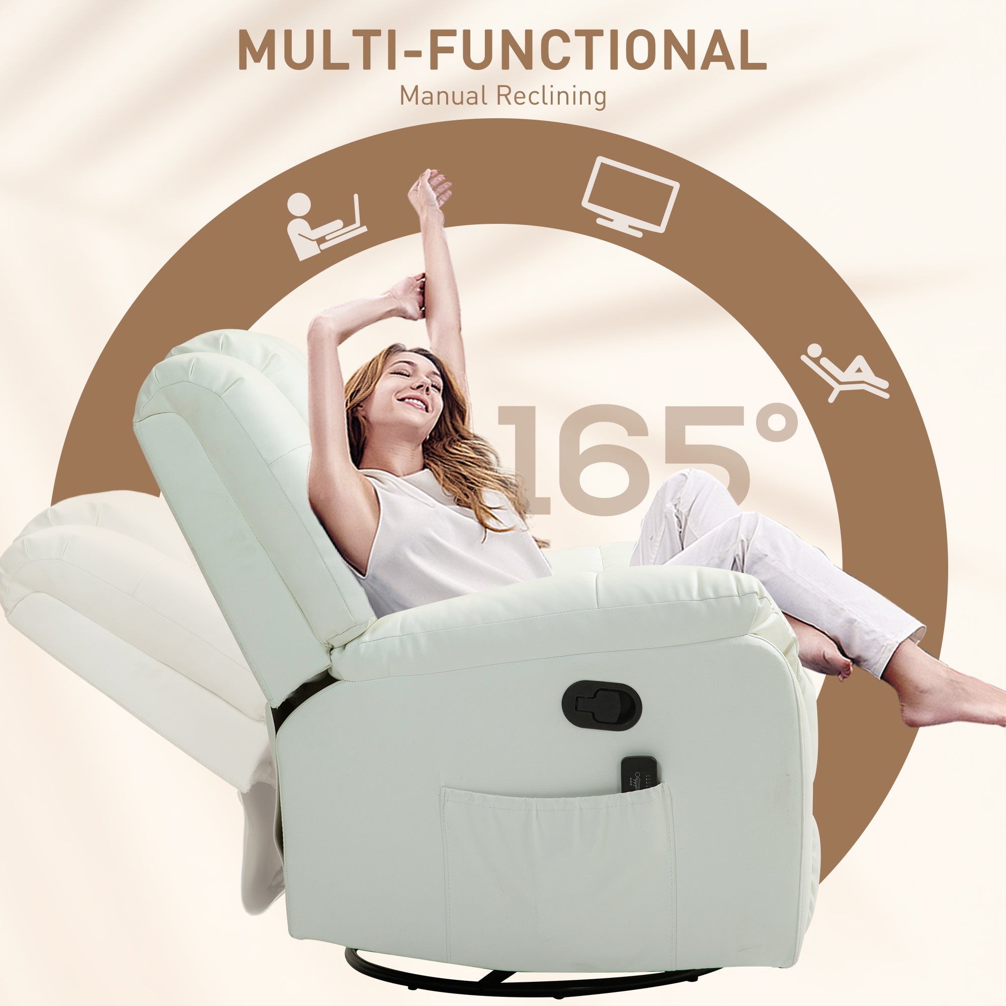 8-Point Vibration Massage Recliner Chair, PU Leather Manual Reclining Sofa, Swivel Nursery Rocking Chair with Remote Control, Side Pockets, for Living Room, Cream White