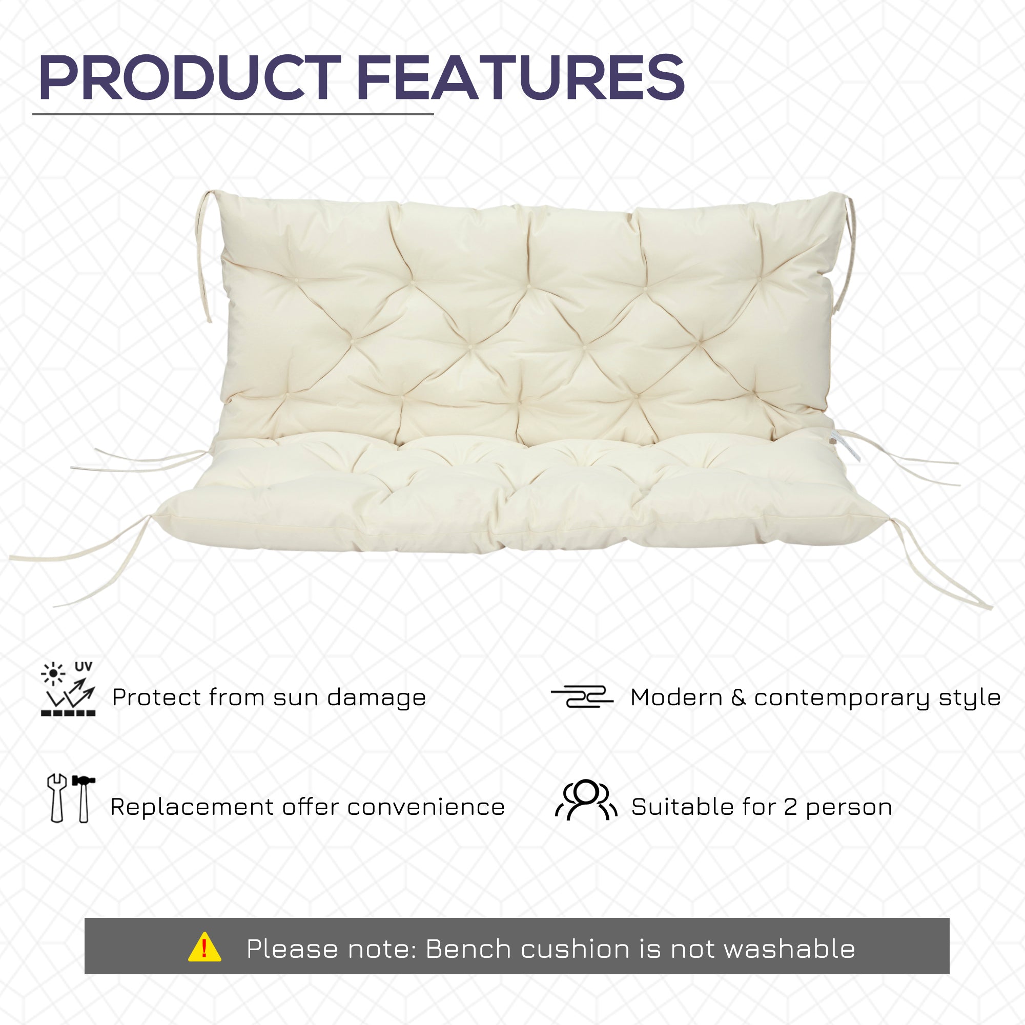 2 Seater Garden Bench Cushion, Soft Thick Outdoor Non-Slip 2 Seater Soft Pad With Backrest for Garden Patio, 52" x 43" x 4", Beige