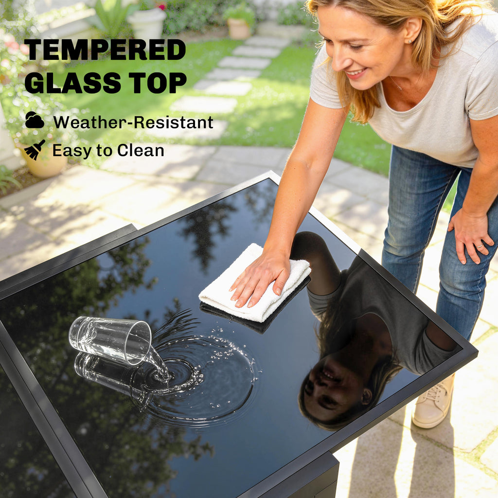Aluminum Expandable Outdoor Dining Table with Tempered Glass Tabletop and Aluminum Frame, for Garden, Backyard, Black
