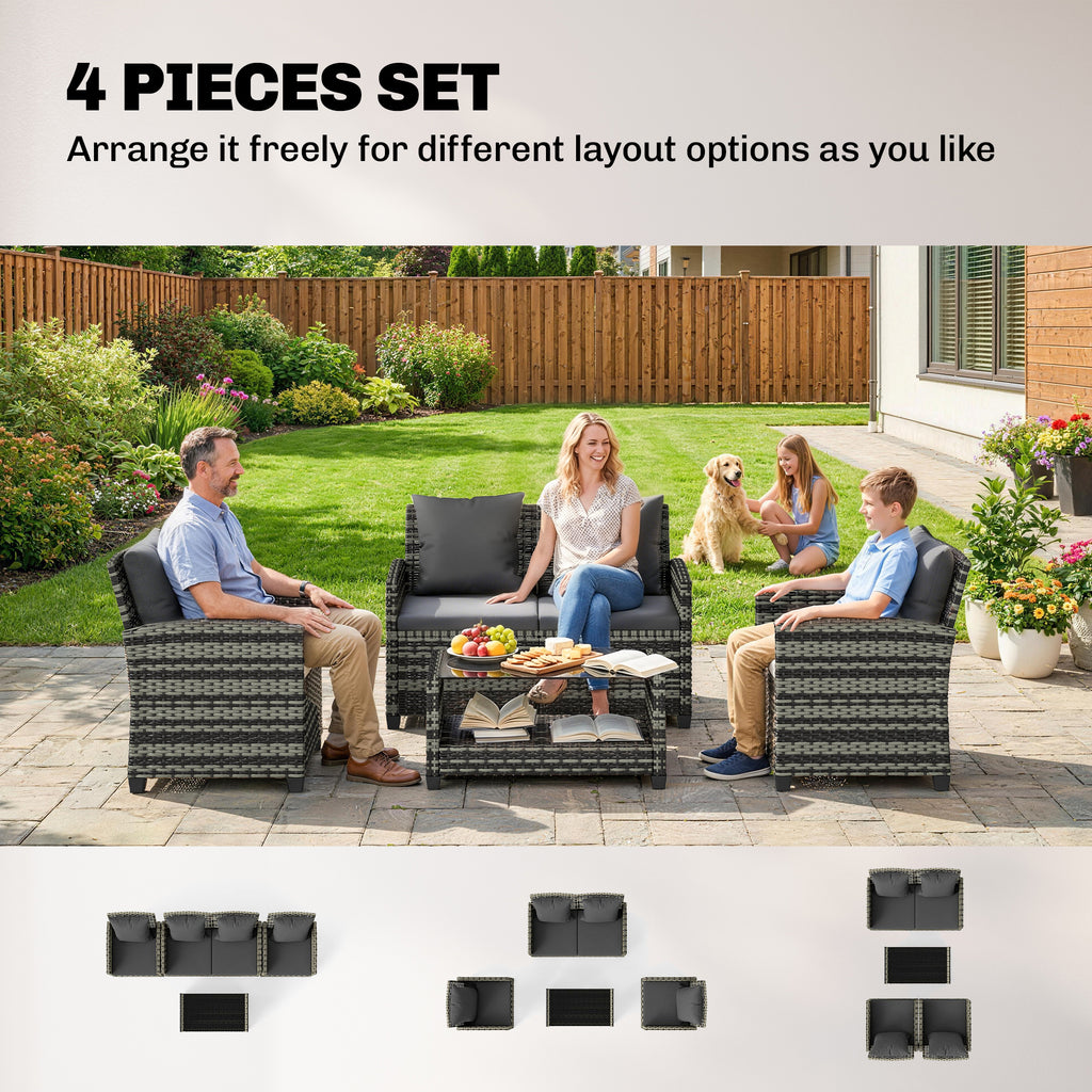 4-Piece Outdoor Wicker Patio Furniture Conversation Set, Includes Loveseat, Chairs and 2-Tier Table with Cushions, Modern Rattan Sofa Set for Backyard, Dark Grey
