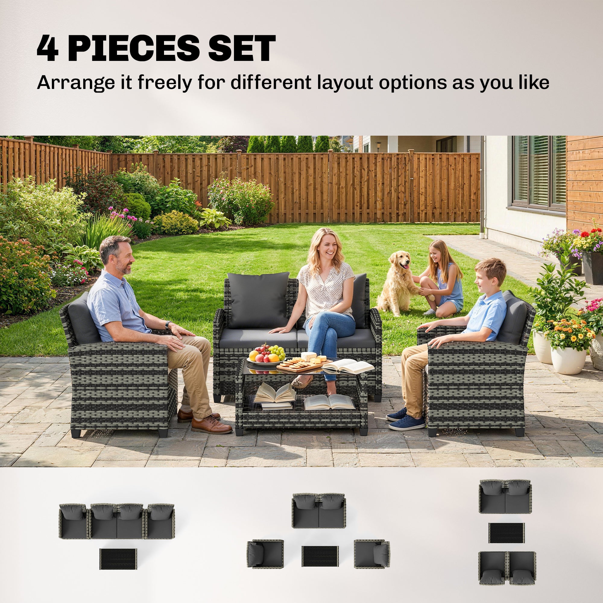 4-Piece Outdoor Wicker Patio Furniture Conversation Set, Includes Loveseat, Chairs and 2-Tier Table with Cushions, Modern Rattan Sofa Set for Backyard, Dark Grey