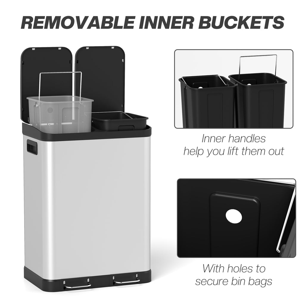 Kitchen Garbage Bin, 2 x 7.9 Gal (2 x 30 L) Trash Can, Soft-Close Garbage Can with Removable Inner Buckets, Silver