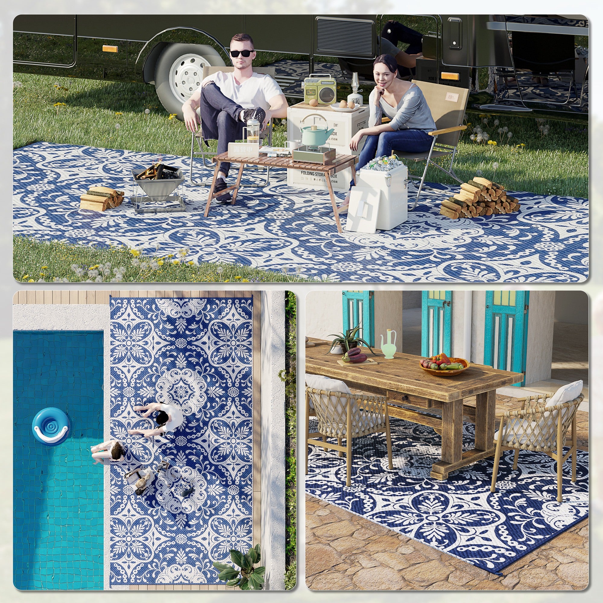 Portable Outdoor Rug with Carry Bag, 9' x 18' Reversible Mat, Waterproof Plastic Straw RV Rug, Blue & White Flower