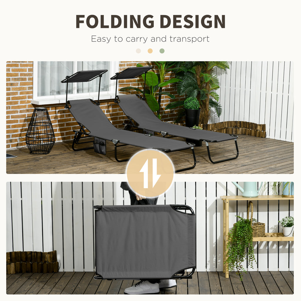 2 Piece Folding Outdoor Chaise Lounges, Pool Tanning Chairs with Reclining Back, Sunshade for Beach, Patio, Dark Grey