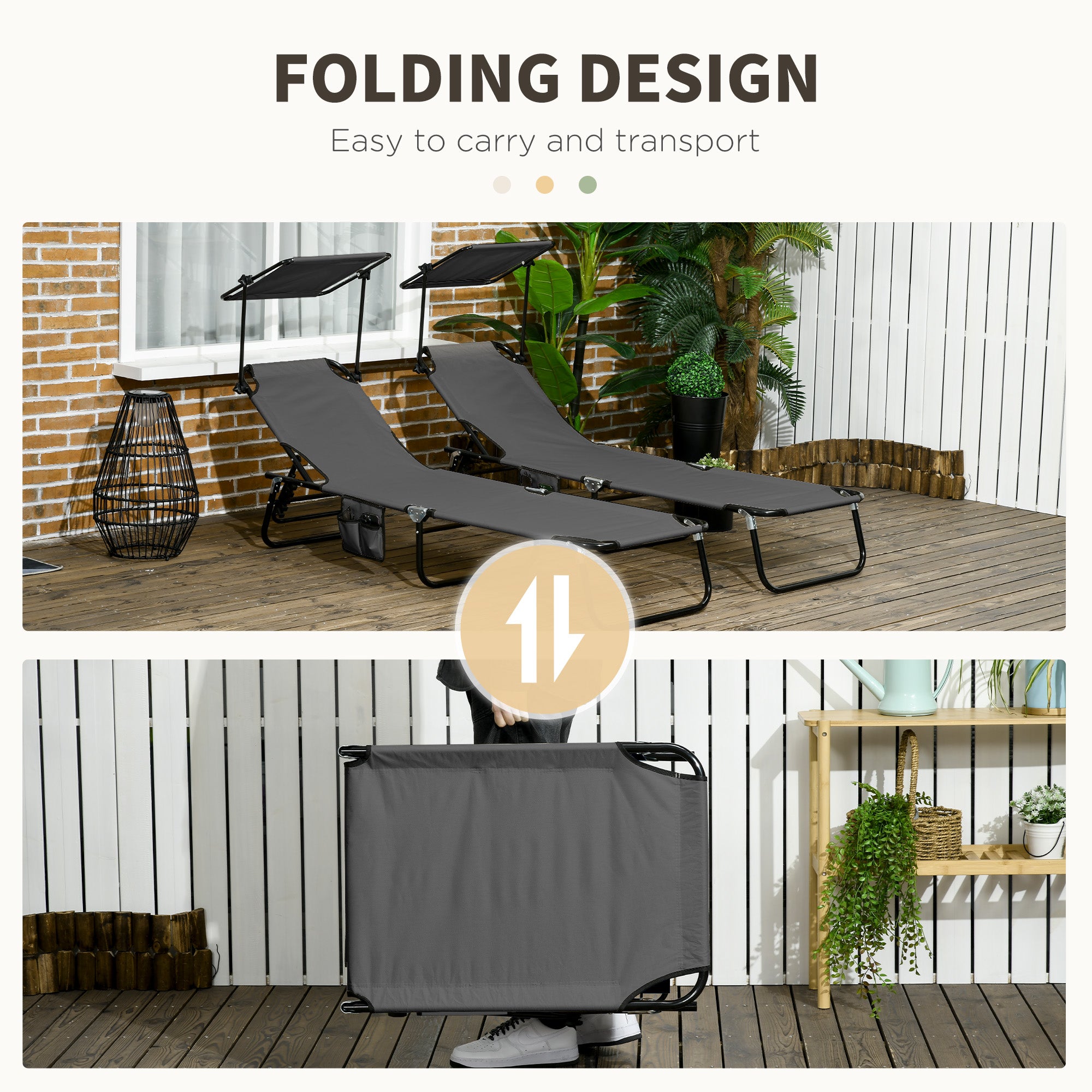 2 Piece Folding Outdoor Chaise Lounges, Pool Tanning Chairs with Reclining Back, Sunshade for Beach, Patio, Dark Grey