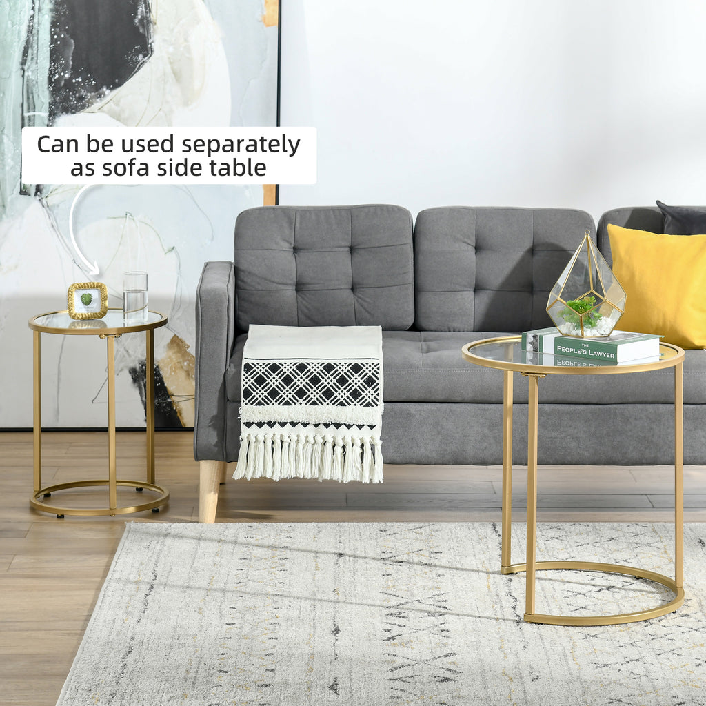 Set of 2 Nesting Coffee Tables with Metal Base, Round Side Table with Tempered Glass Tabletop for Living Room, Bedroom, Gold
