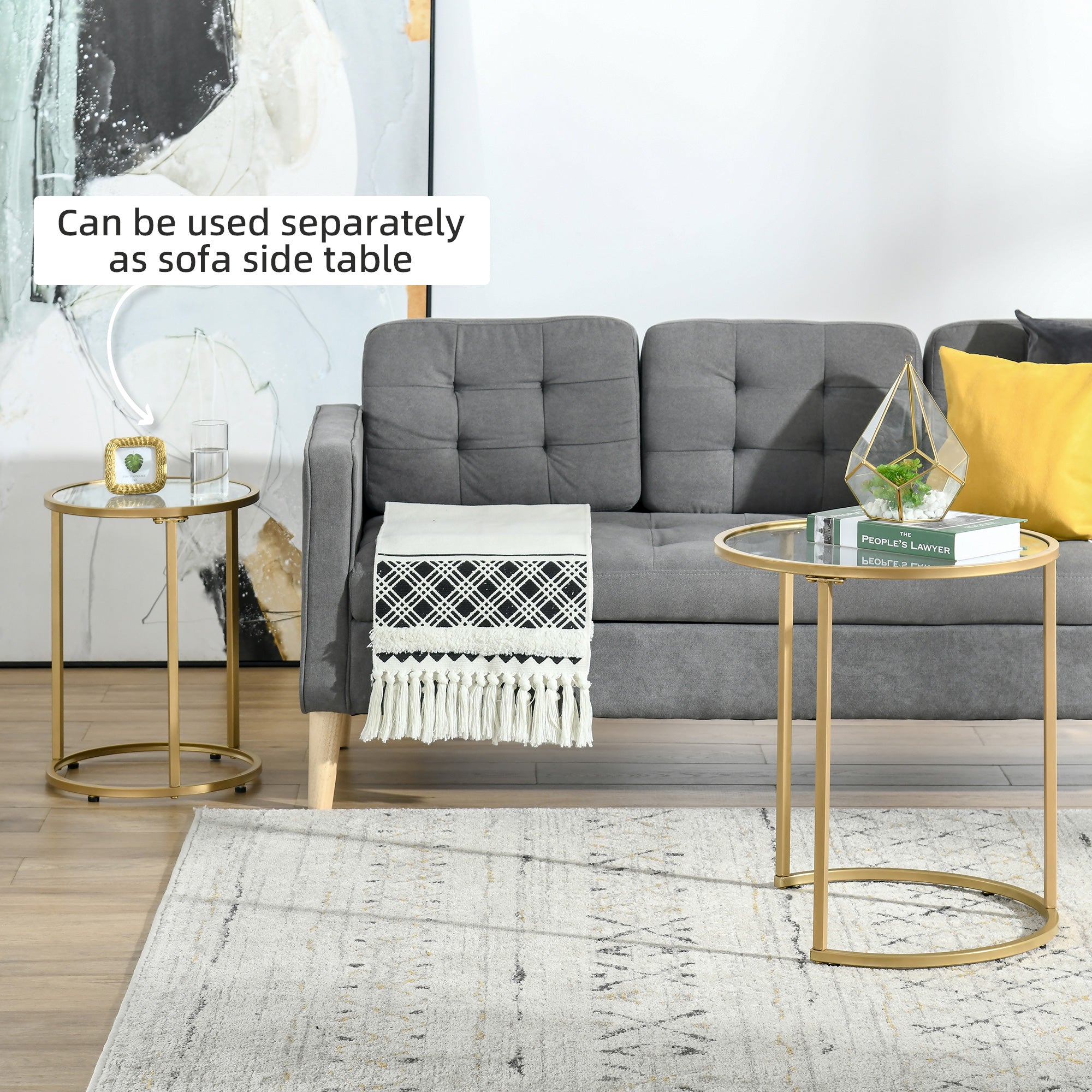 Set of 2 Nesting Coffee Tables with Metal Base, Round Side Table with Tempered Glass Tabletop for Living Room, Bedroom, Gold