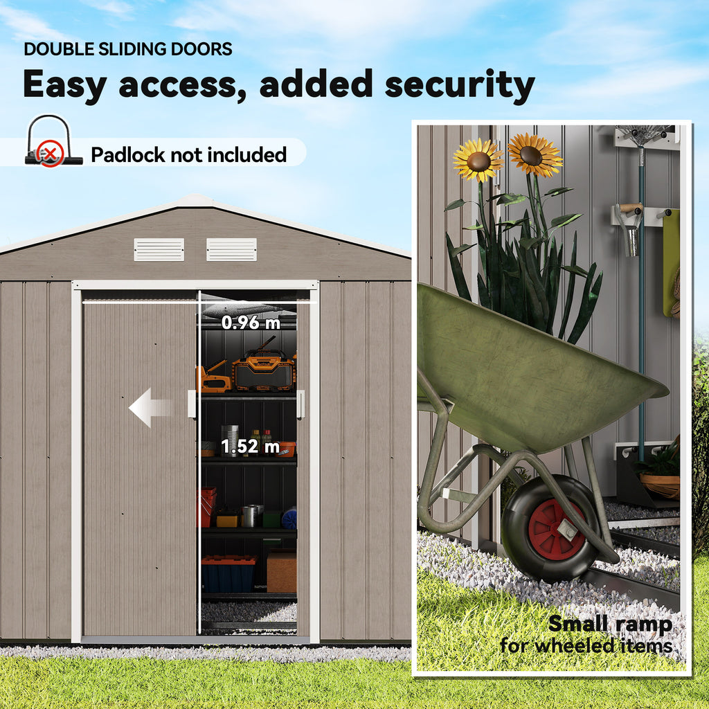 9.1'x6.4'x6.3' Garden Storage Shed w/ Foundation Kit Metal Tool Storage House w/ Double Doors Distressed Light Brown