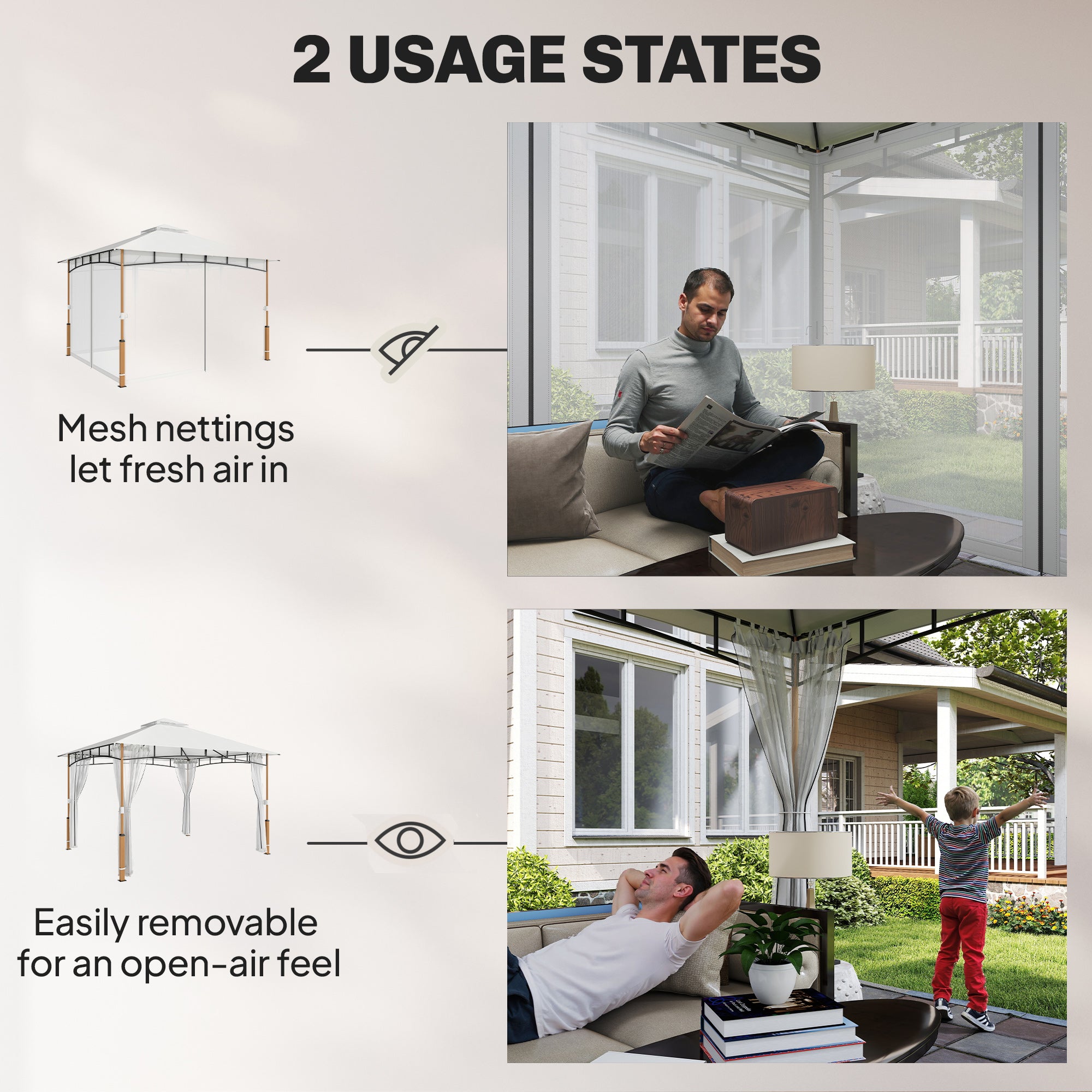 10' x 12' Patio Gazebo, UPF50+ Double Roof Outdoor Gazebo Canopy Shelter with Netting for Backyard, Patio, Cream White