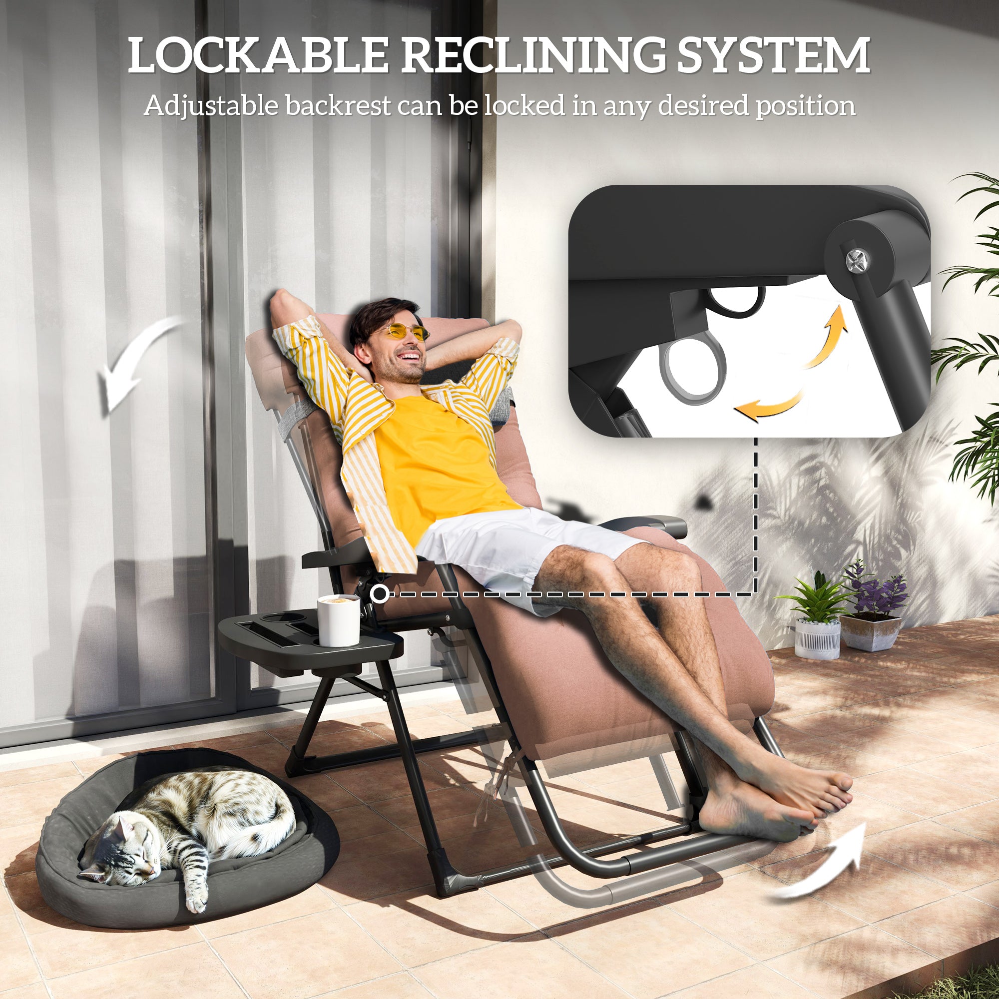 Padded Folding Recliner Chair, Patio Lounger with Cupholder, Adjustable Backrest, Removable Cushion, Khaki