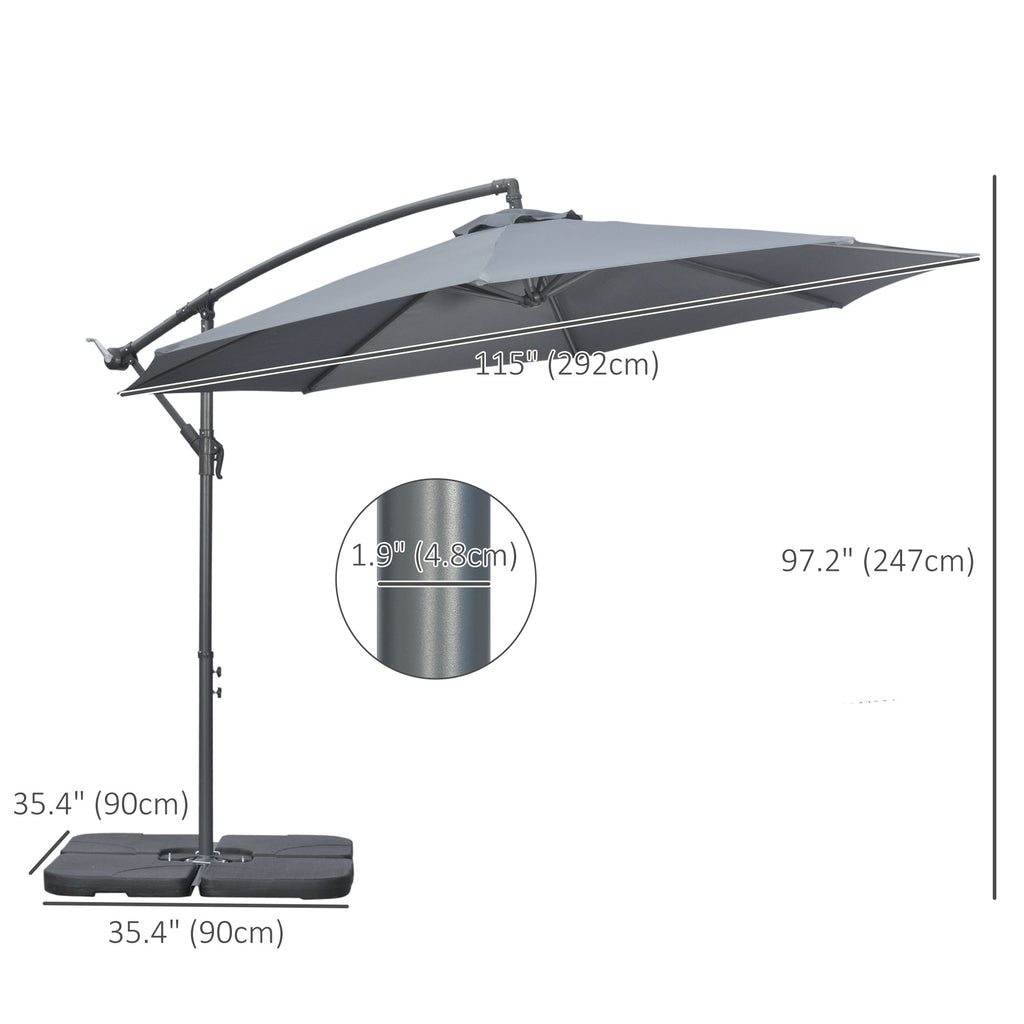 9.6ft Offset Patio Umbrella Garden Hanging Parasol Banana Cantilever Umbrella with Base, Crank, Dark Grey