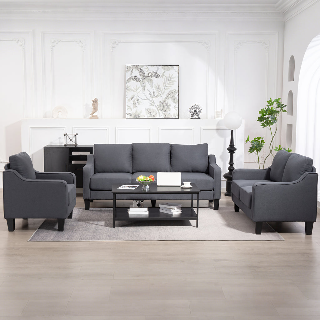 3 Seater Sofa, Modern Couch with Pocket Spring, Linen Upholstered, Thick Padded, Charcoal Grey
