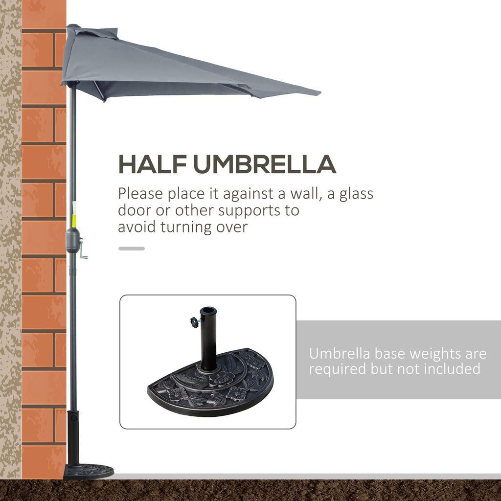 9ft Half Round Patio Umbrella, Outdoor Market Patio Table Umbrella Parasol with Crank Mechanism, 5 Ribs, Grey