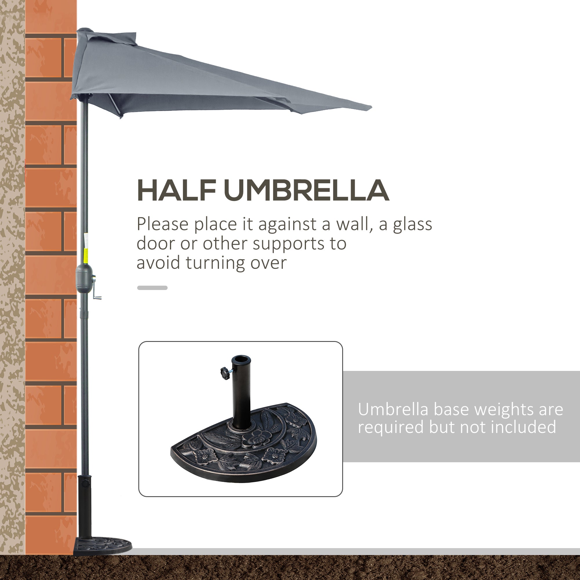 9ft Half Round Patio Umbrella, Outdoor Market Patio Table Umbrella Parasol with Crank Mechanism, 5 Ribs, Grey