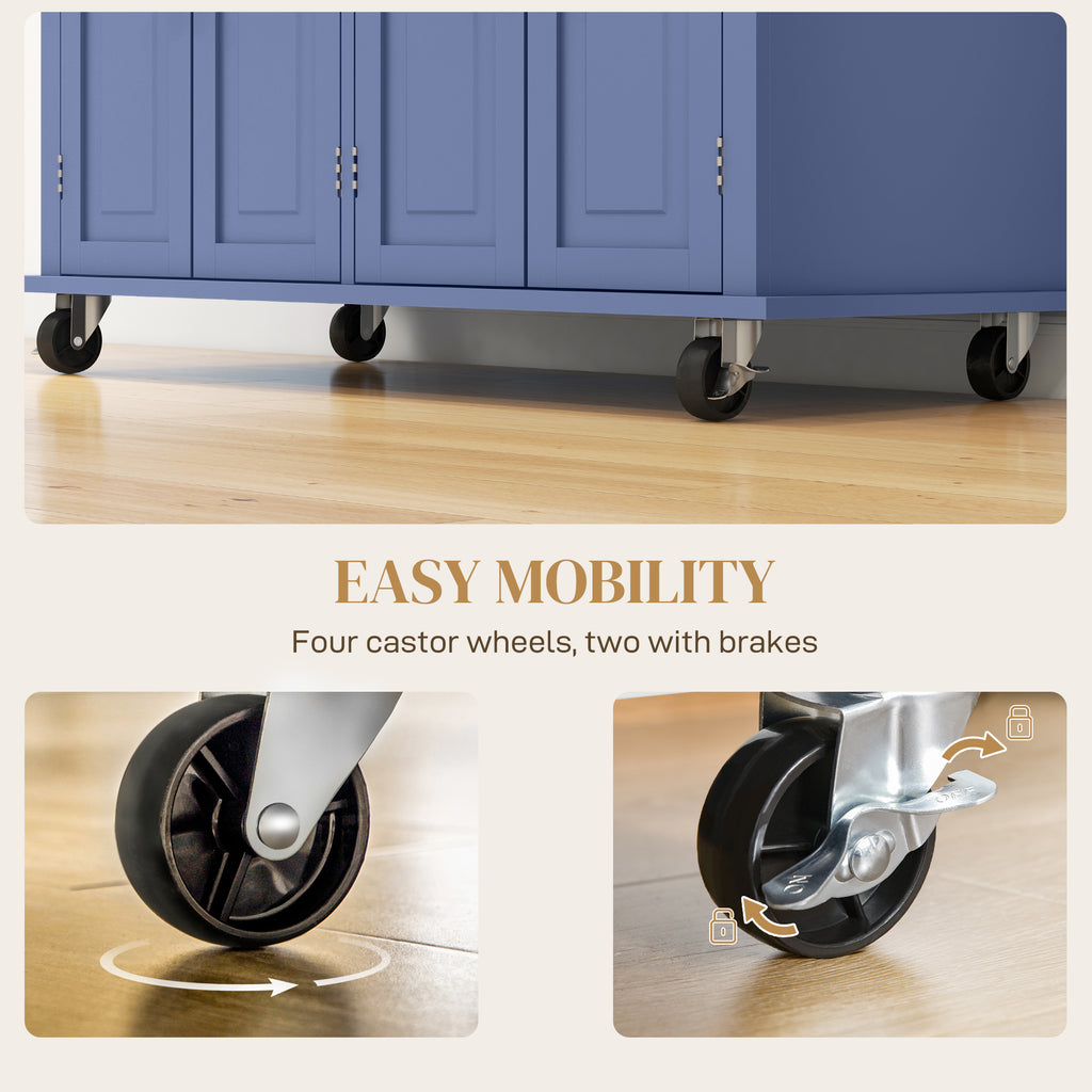 Kitchen Island with Storage, Rolling Trolley Cart with Rubber Wood Top, Spice Rack, Towel Rack, Navy Blue