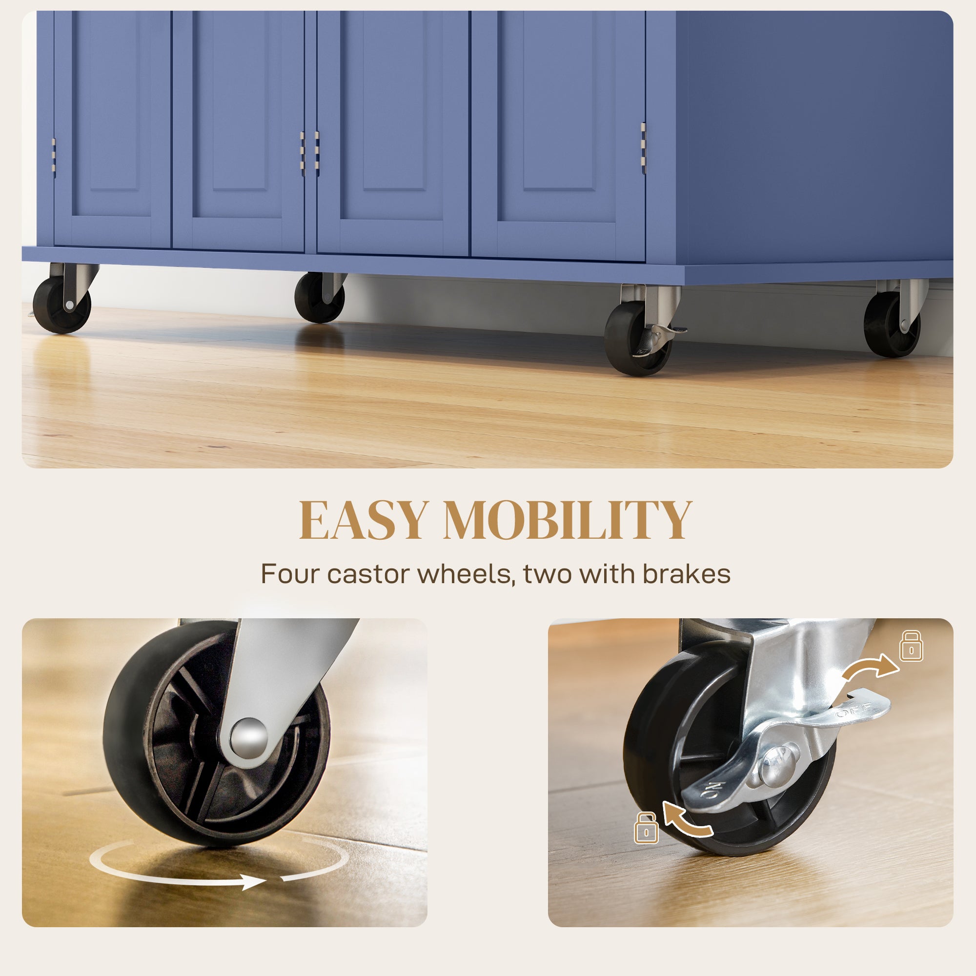 Kitchen Island with Storage, Rolling Trolley Cart with Rubber Wood Top, Spice Rack, Towel Rack, Navy Blue