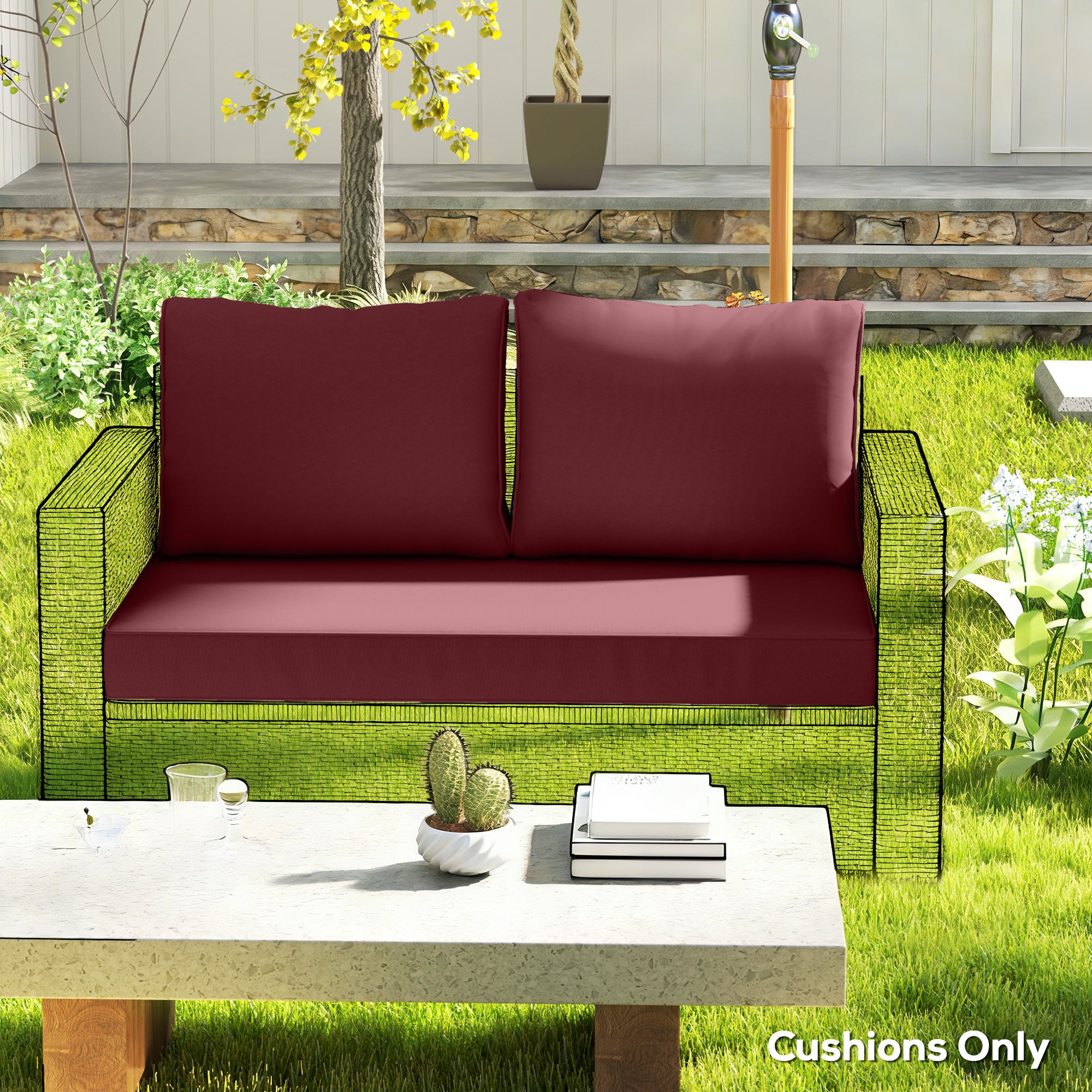 Outdoor Seat Cushions with Backrest, Loveseat Double Sofa Outdoor Furniture Cushions, Wine Red