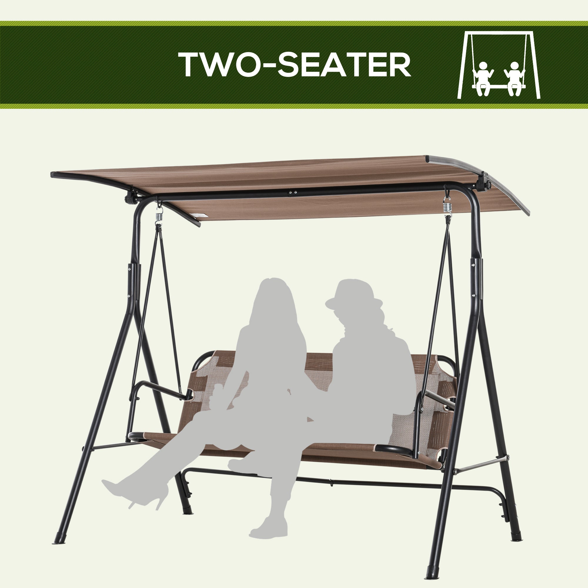 2-Person Porch Swing Chair, 2 Seater Patio Swing Bench w/ Adjustable Canopy, Breathable Seat for Garden, Poolside, Brown