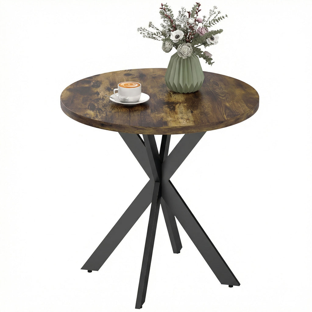 29" Dining Table, Contemporary Round Kitchen Table with Steel Legs, Rustic Brown
