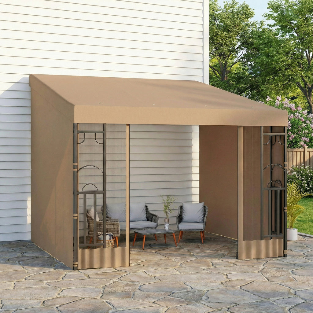 10' x 10' Wall Pergola with 2 Curtains and 2 Nettings UV Resistant Gazebo for Patio, Deck, Khaki