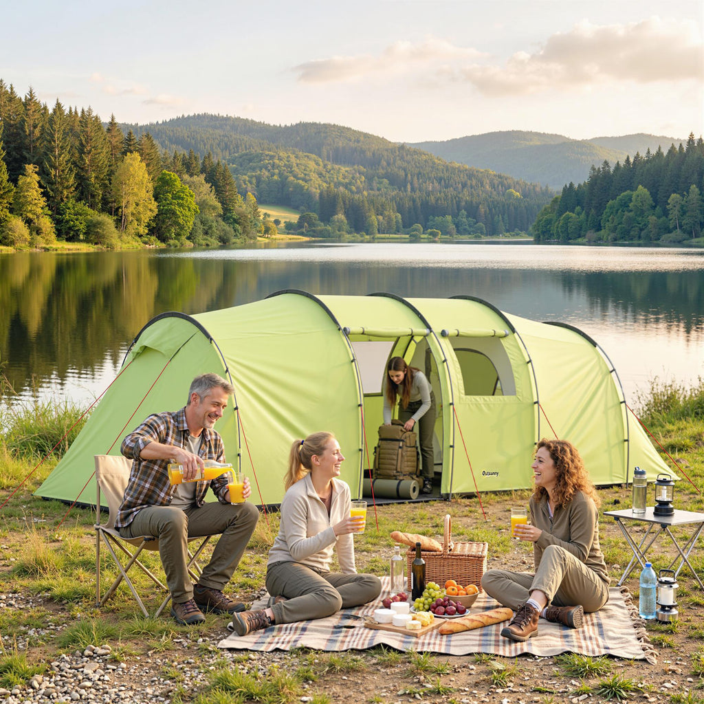 6 Person Camping Tent with Porch, Large Family Tent with 2 Bedroom and Living Room, Light Green