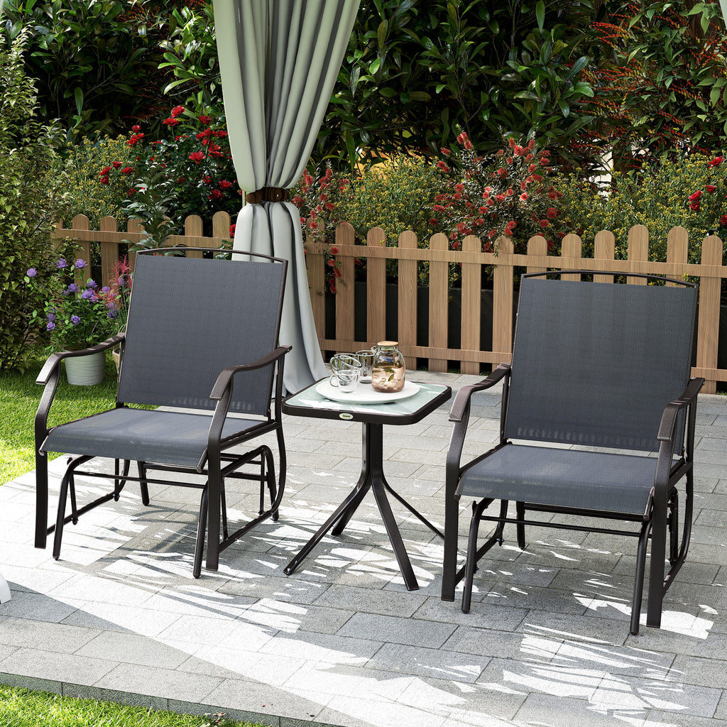 3 Piece Patio Glider Set Outdoor Gliders with Breathable Mesh Seat, Glass Top Table for Garden, Yard, Grey