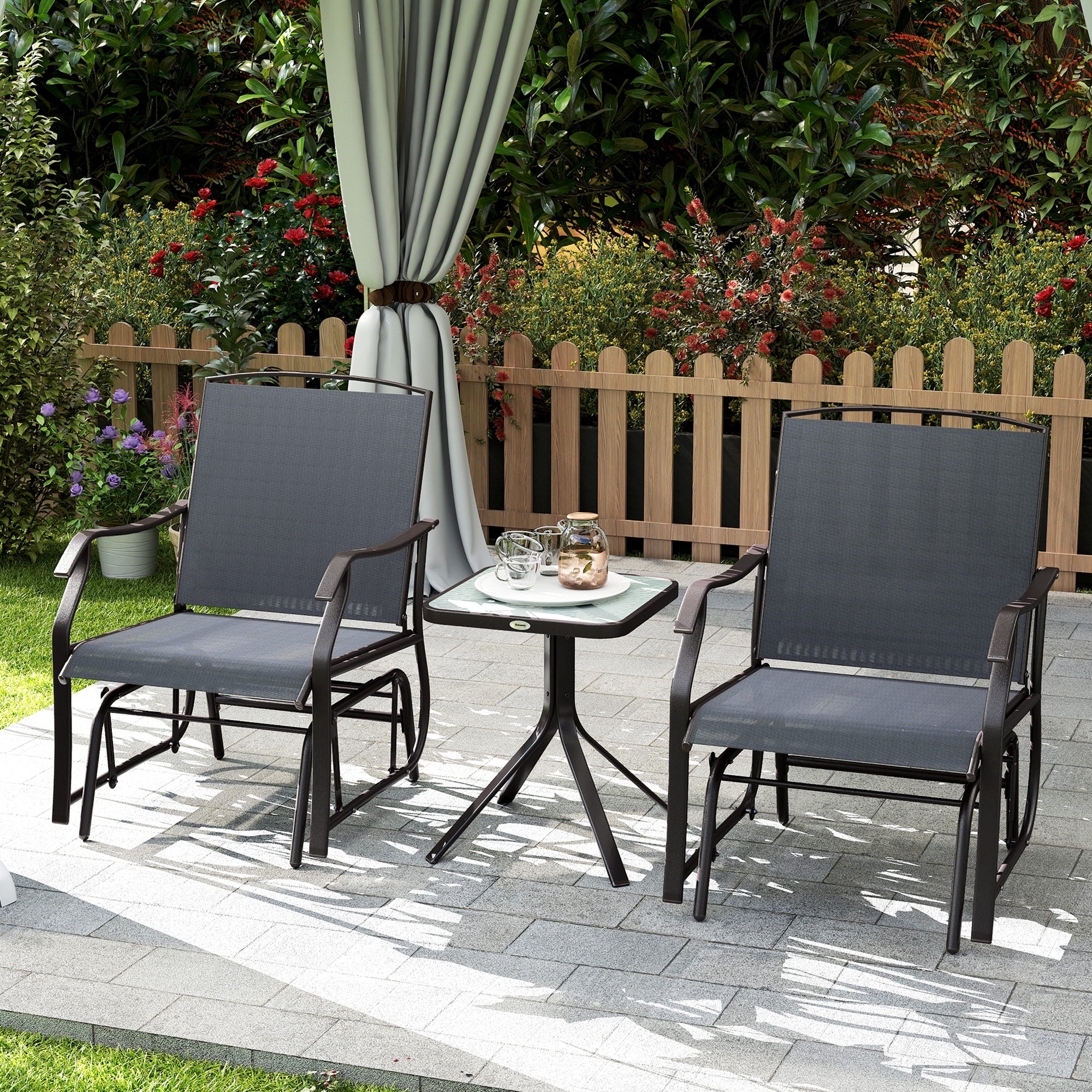 3 Piece Patio Glider Set Outdoor Gliders with Breathable Mesh Seat, Glass Top Table for Garden, Yard, Grey