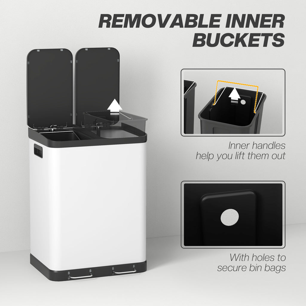 Kitchen Garbage Bin, 2 x 7.9 Gal (2 x 30 L) Trash Can, Soft-Close Garbage Can with Removable Inner Buckets, White