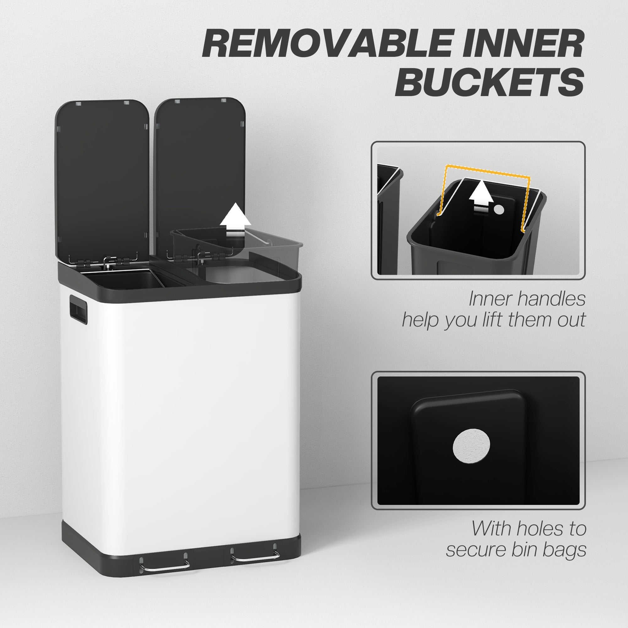 Kitchen Garbage Bin, 2 x 7.9 Gal (2 x 30 L) Trash Can, Soft-Close Garbage Can with Removable Inner Buckets, White