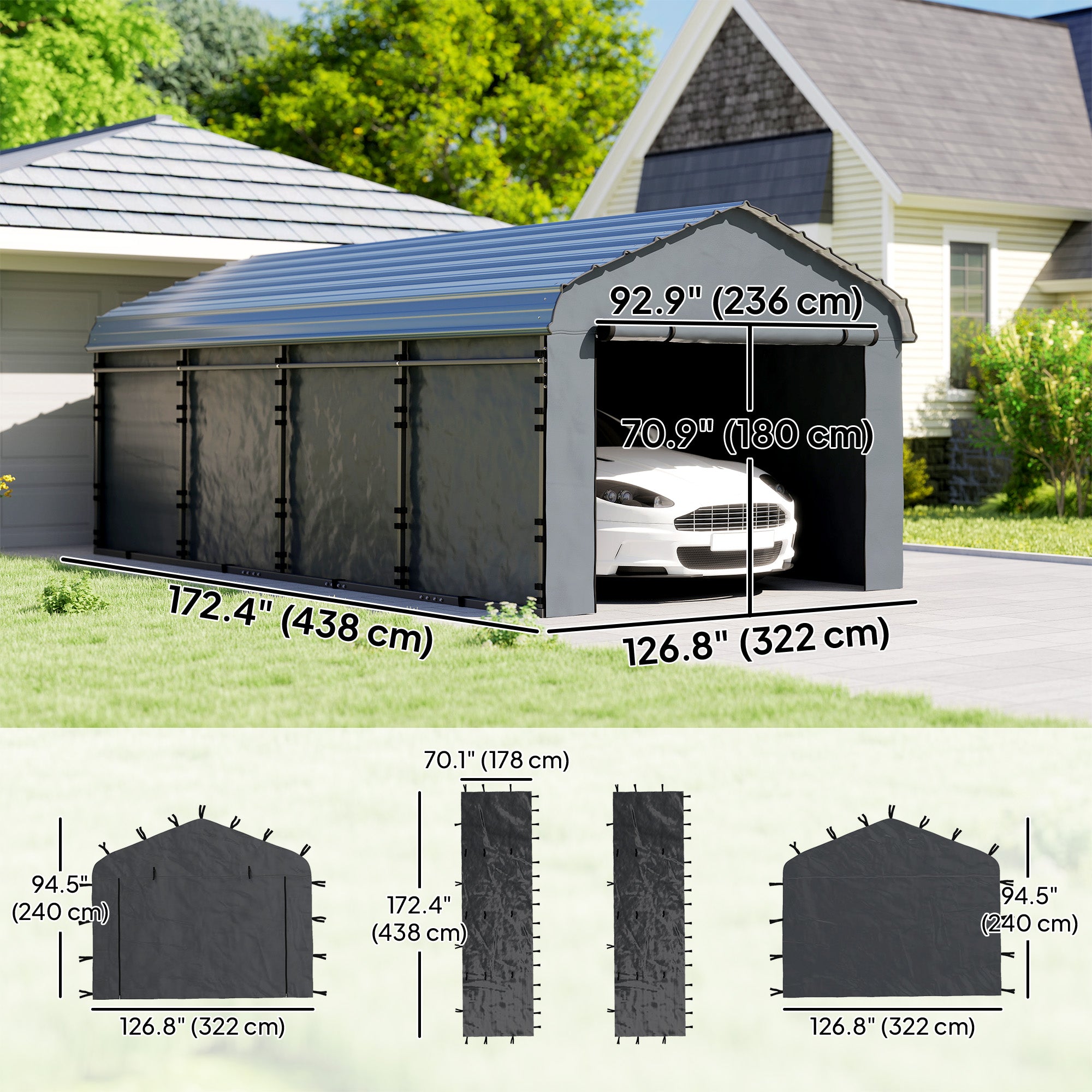 Carport Replacement Canopy Cover Sidewalls for 10' x 15' Carport, UPF50+ Waterproof Garage Car Shelter Tarp, Dark Grey