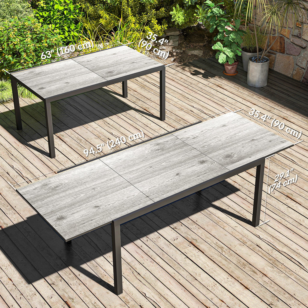 63"-94.5" Extendable Patio Dining Table for 6-8 Person, Outdoor Dining Table with Aluminium Edging, Steel Frame, Grey