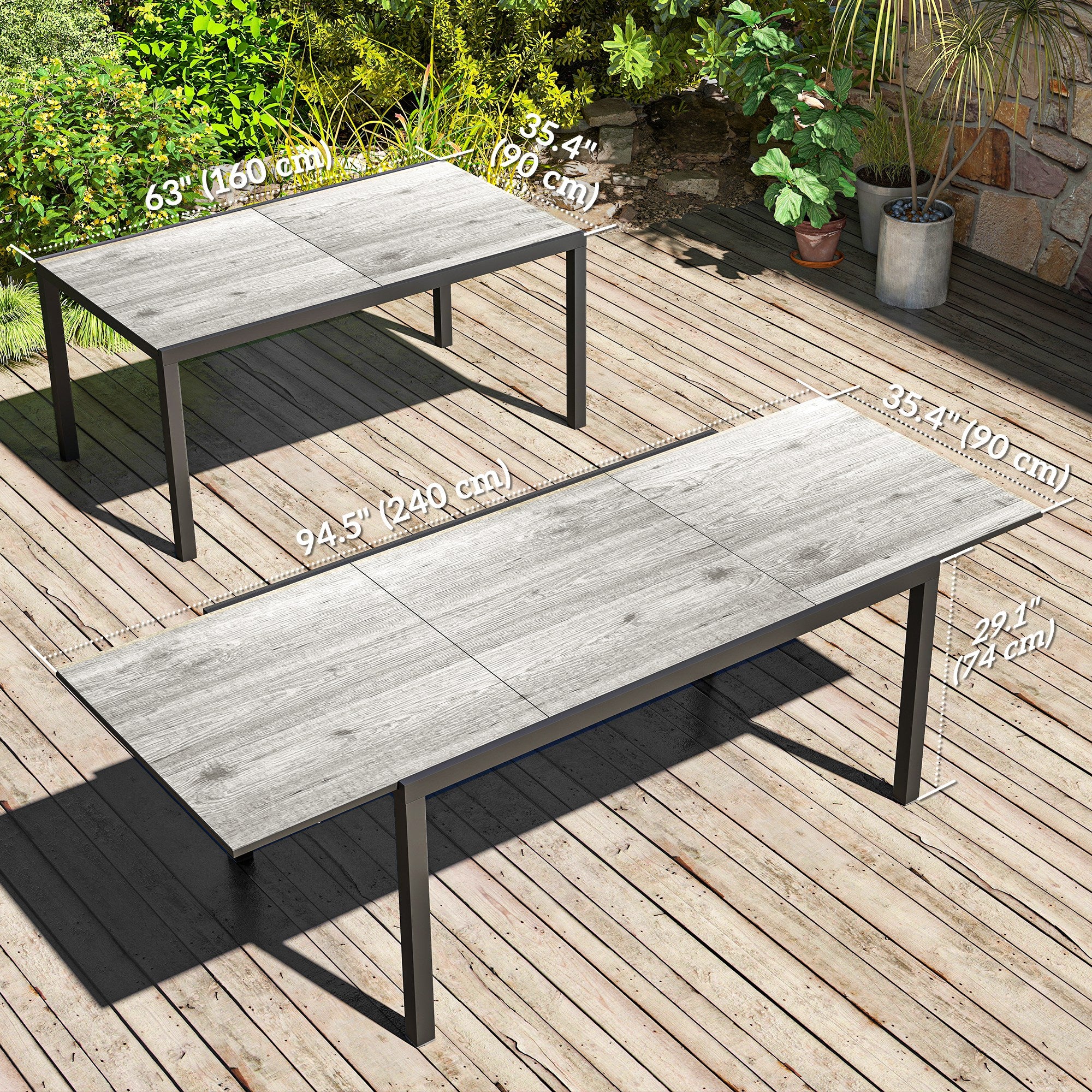 63"-94.5" Extendable Patio Dining Table for 6-8 Person, Outdoor Dining Table with Aluminium Edging, Steel Frame, Grey