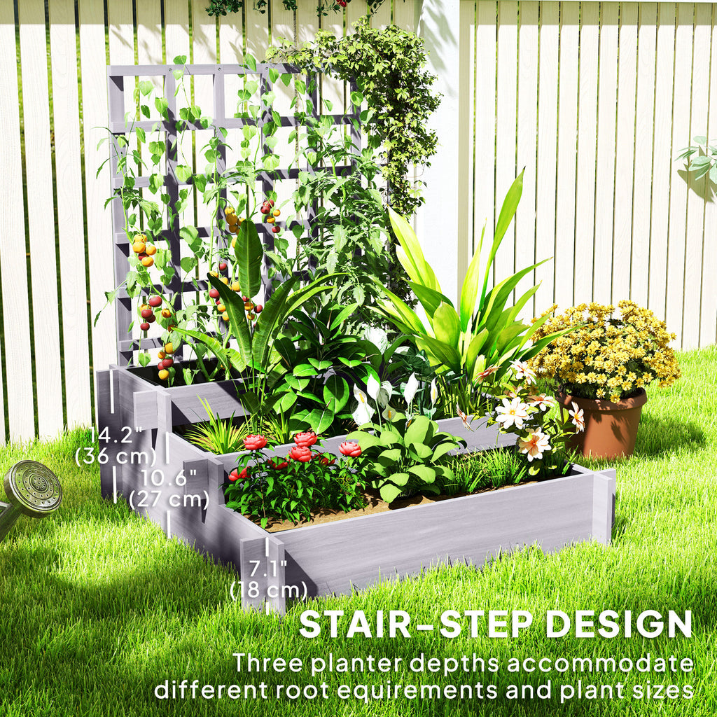 Wooden Elevated Planter Box with Trellis for Climbing Plants, 3 Tier Raised Garden Bed for Garden, Outdoor, Grey