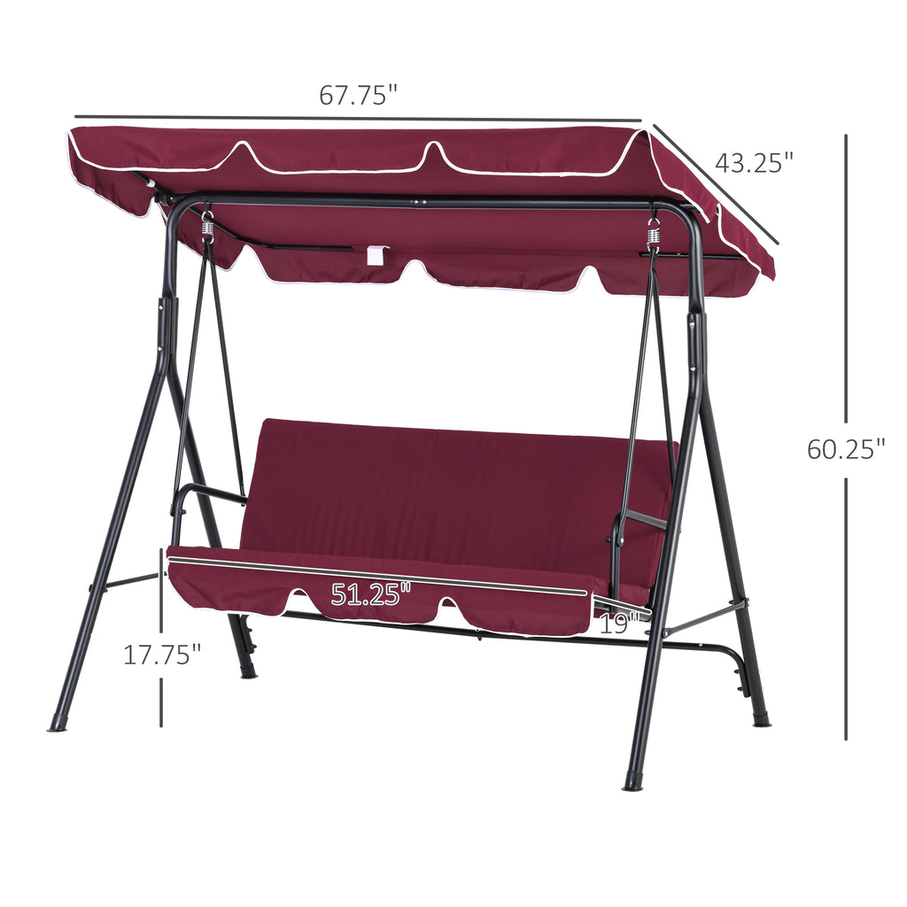 3-Seater Outdoor Swing with Adjustable Canopy, Patio Swing Chair for Garden, Poolside, Backyard, Wine Red