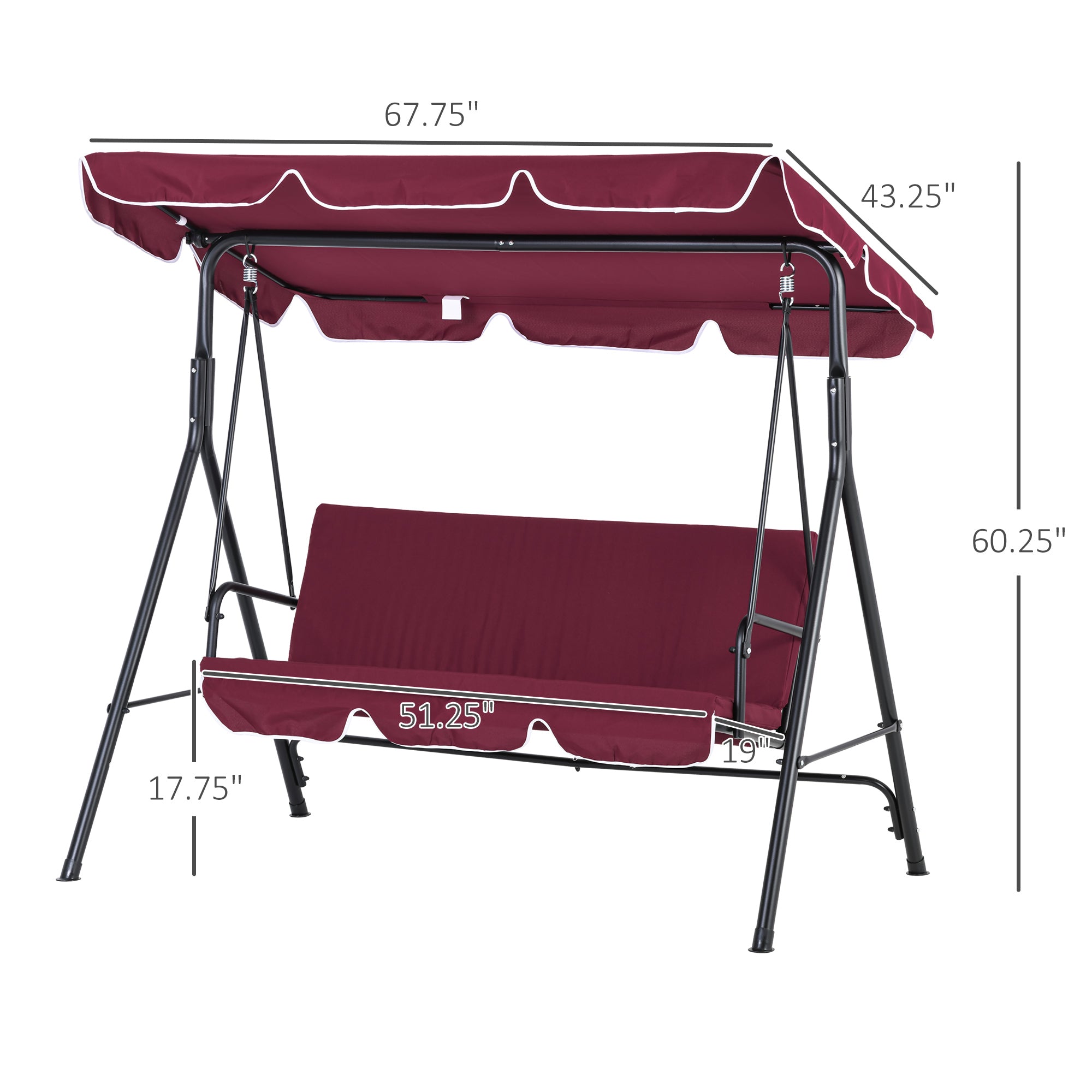3-Seater Outdoor Swing with Adjustable Canopy, Patio Swing Chair for Garden, Poolside, Backyard, Wine Red