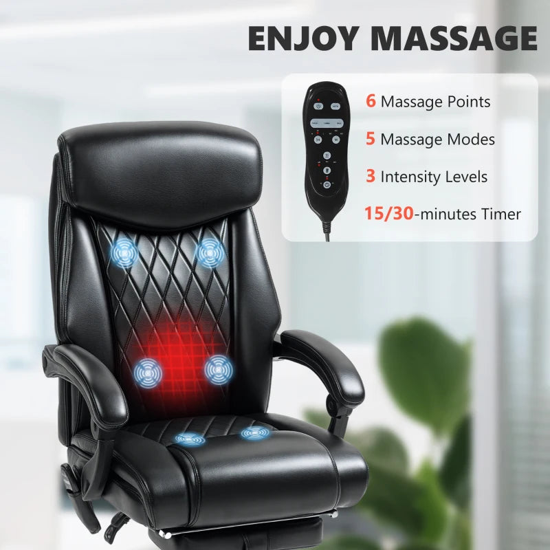 Black executive massage desk chair with ergonomic design, remote control, footrest and side pocket