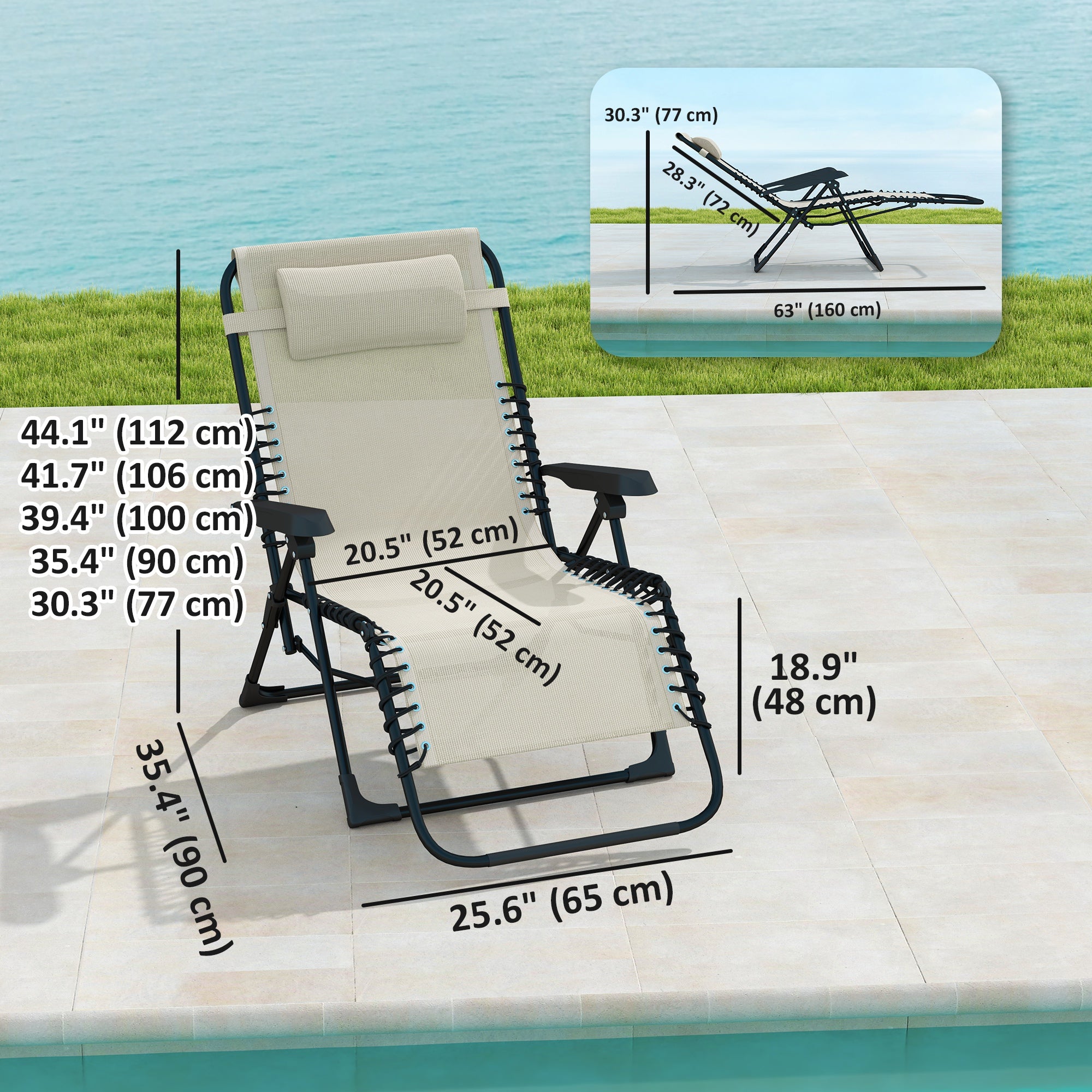 Folding Zero Gravity Chair, 5-Position Adjustable Outdoor Lounge Chair Recliner with Headrest, Beige
